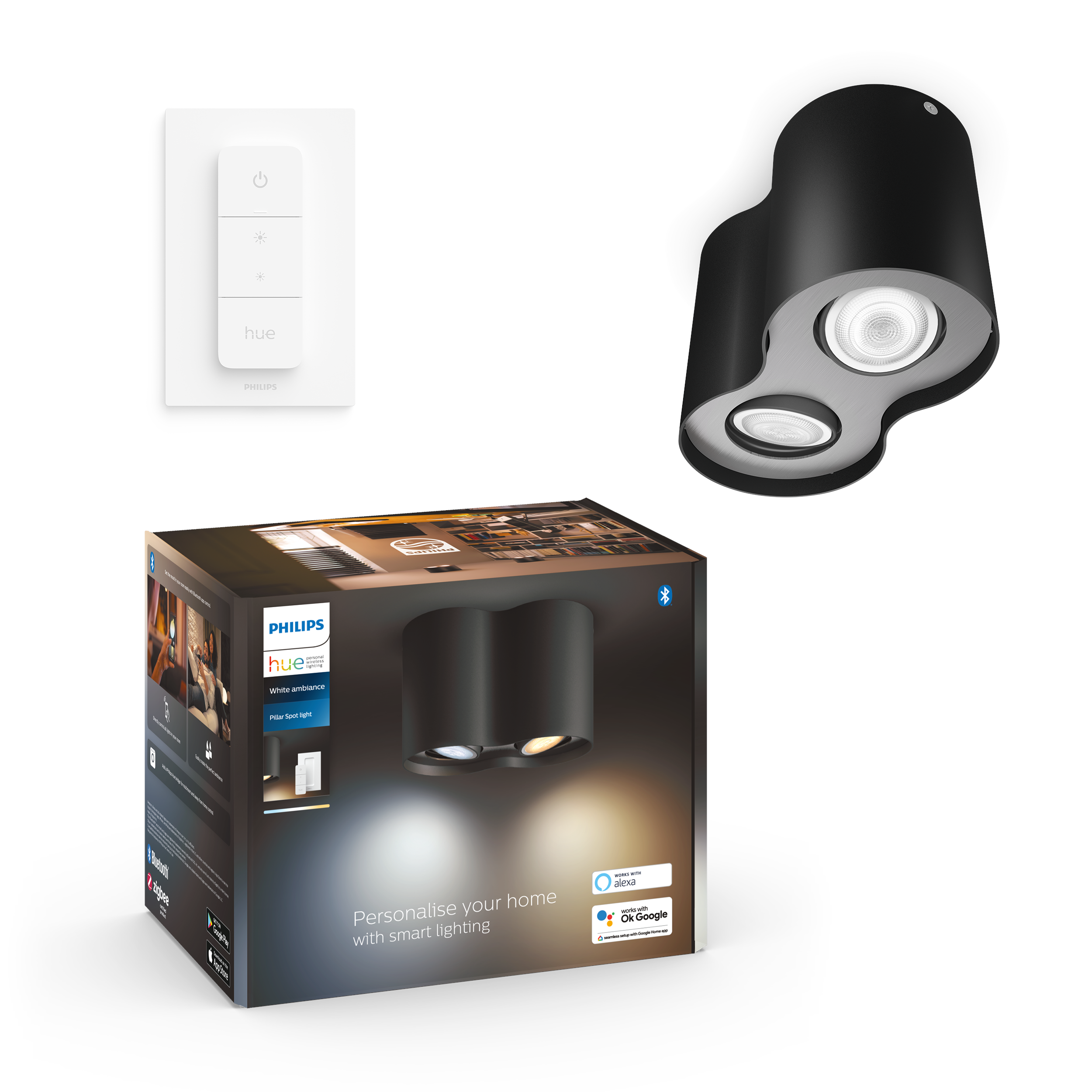 Philips Hue Pillar Double Spotlight - Black - With Dimmer Switch - Smart Home
