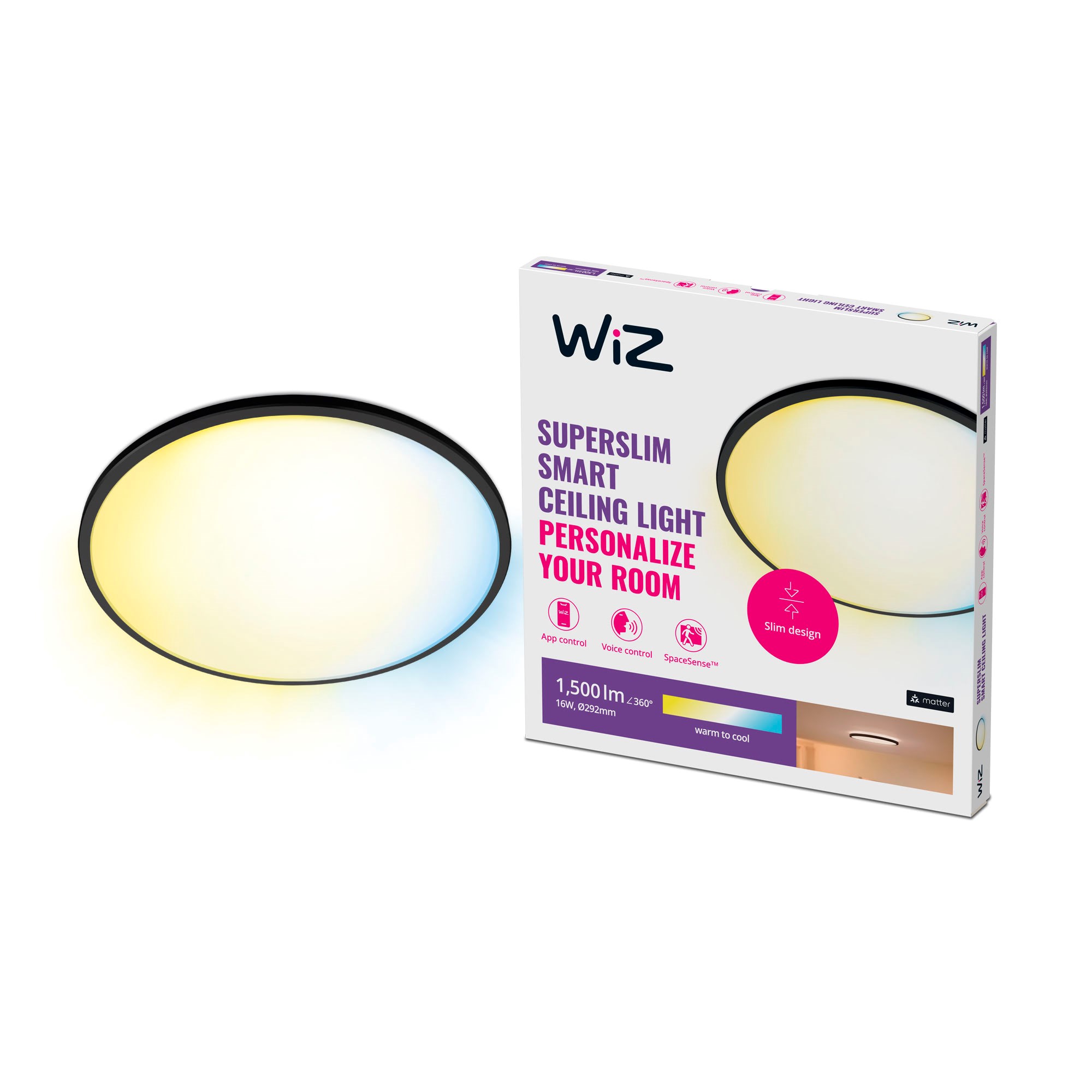 Wiz Superslim Deckenleuchte - 16 W - Schwarz - Smart Home 929002685222