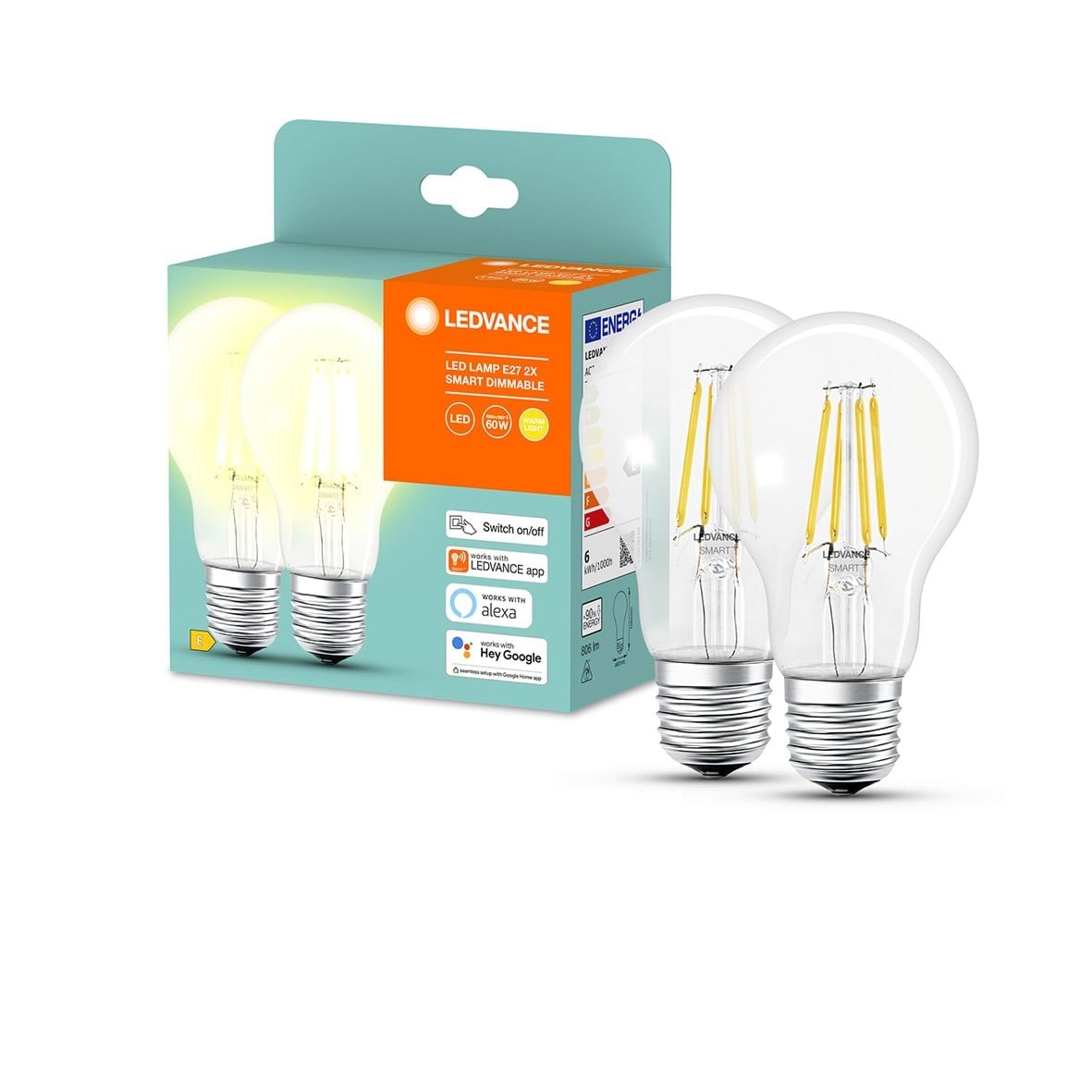 Ledvance Smart+ Standard 60w/827 Clear Filament E27 Bluetooth - 2-pack - Smart Home 4058075625822