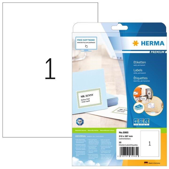 Herma Premium Etiketten A4, 210 x 297 mm, Weiß, Permanent Haftend - Papier Fotopapier Und Etiketten 5065