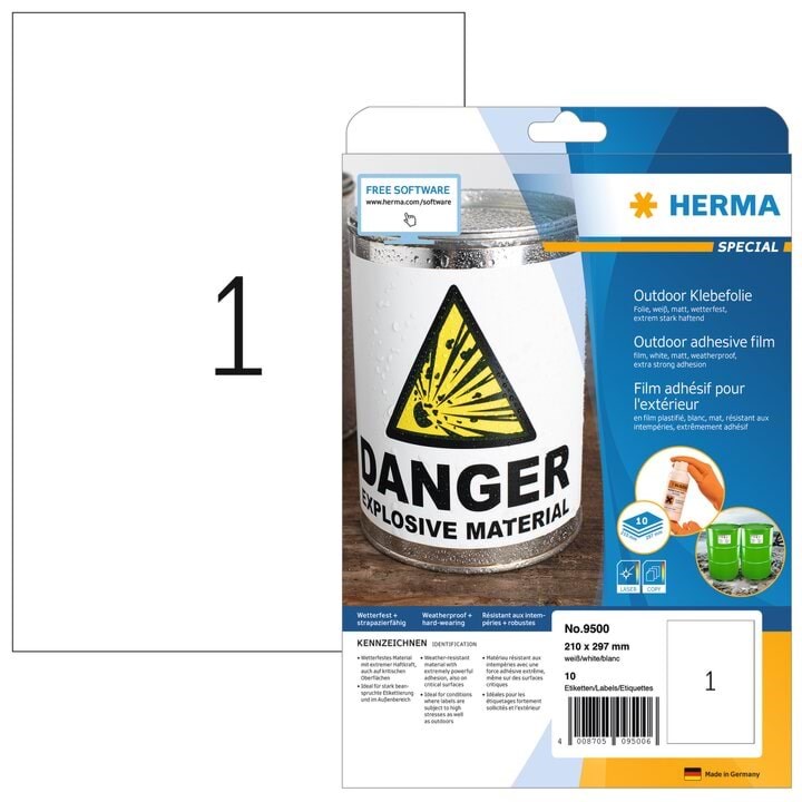 Herma Wetterfeste Outdoor-folienetiketten A4, 210 x 297 mm, Weiß, Extrem Stark Haftend, Dehnfähig - Papier Fotopapier Und Etiketten 9500