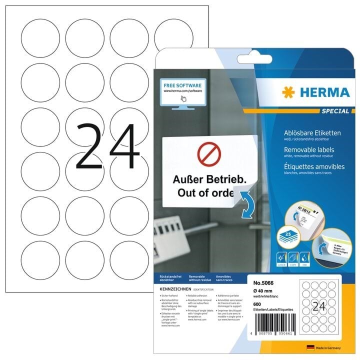 Herma Ablösbare Etiketten A4, Ø 40 mm, Rund, Weiß - Papier Fotopapier Und Etiketten 5066