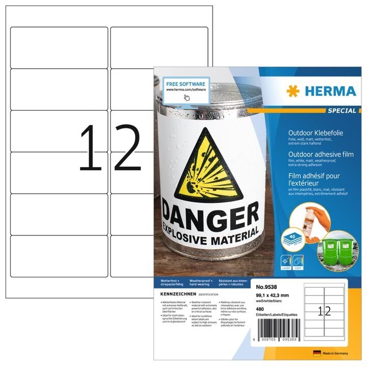 Herma Wetterfeste Outdoor-folienetiketten A4, 99,1 x 42,3 mm, Weiß, Extrem Stark Haftend, Dehnfähig - Papier Fotopapier Und Etiketten 9538