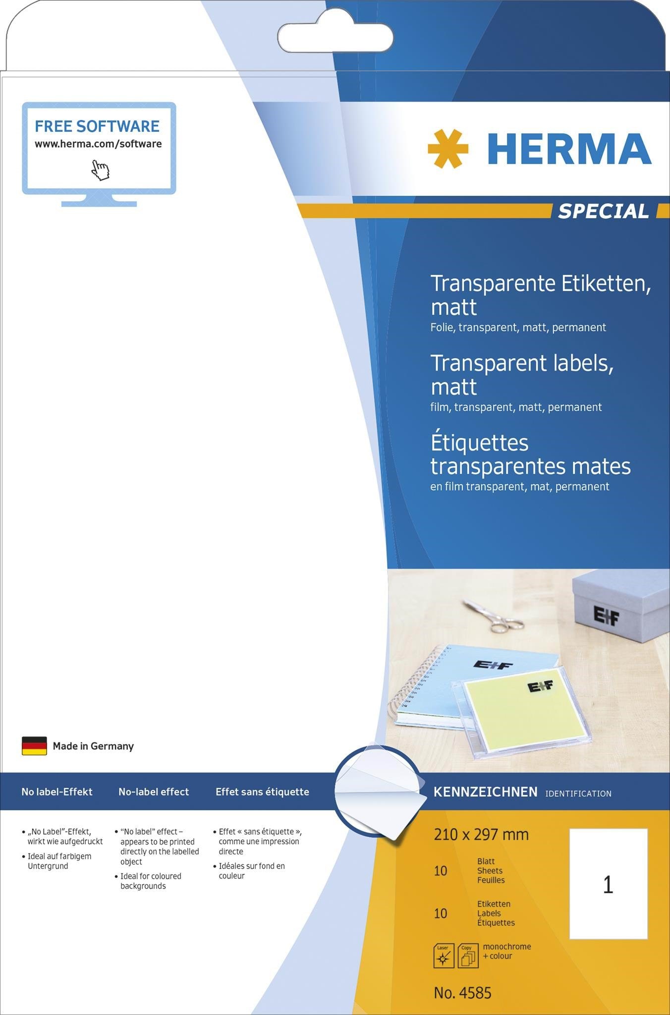 Herma Transparent Film Labels Matt A4 210 x 297 mm Weatherproof Permanent Adhesion - Papier Fotopapier Und Etiketten