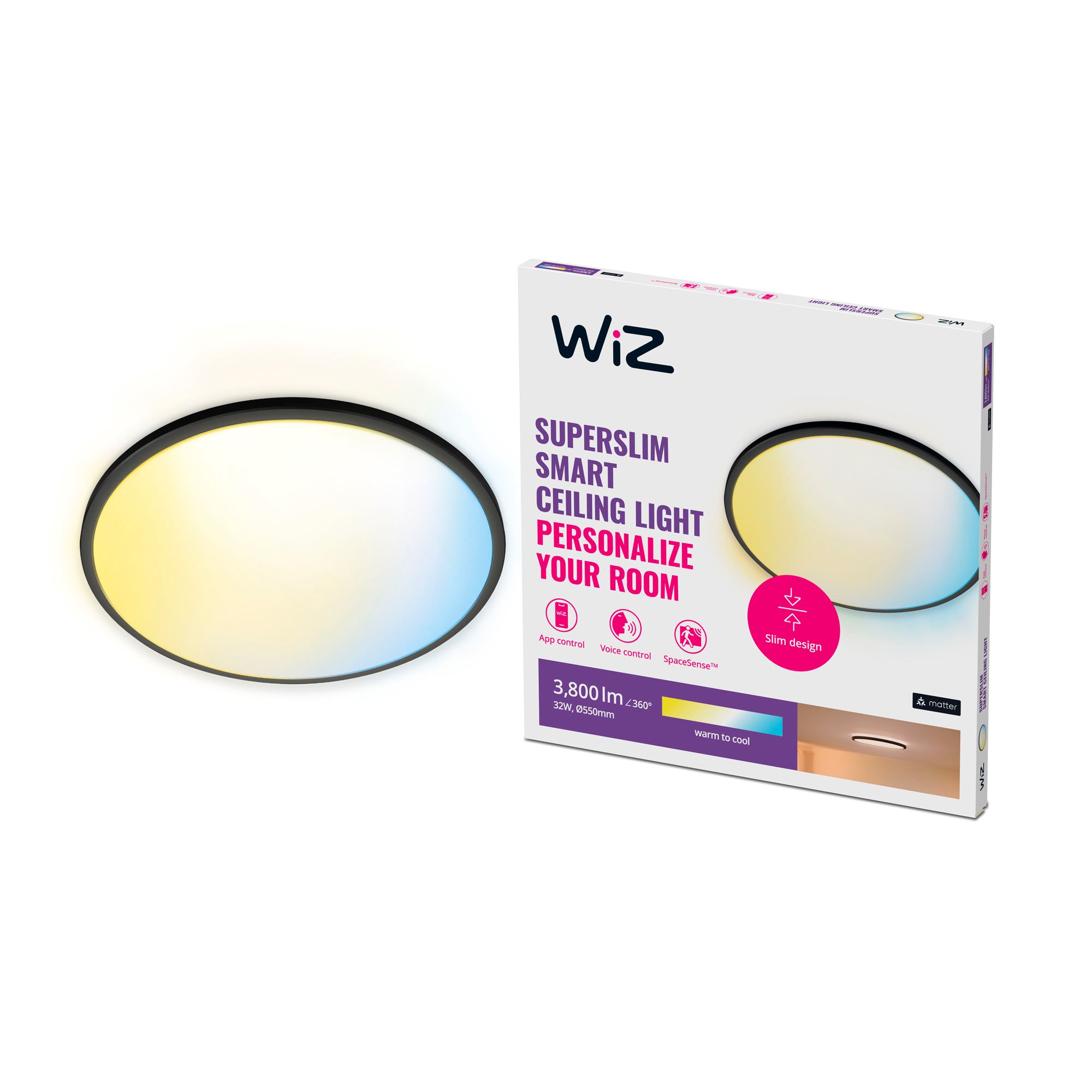 Wiz Superslim Smart Ceiling Light Black 32w Tunable White & Dimmable - Smart Home