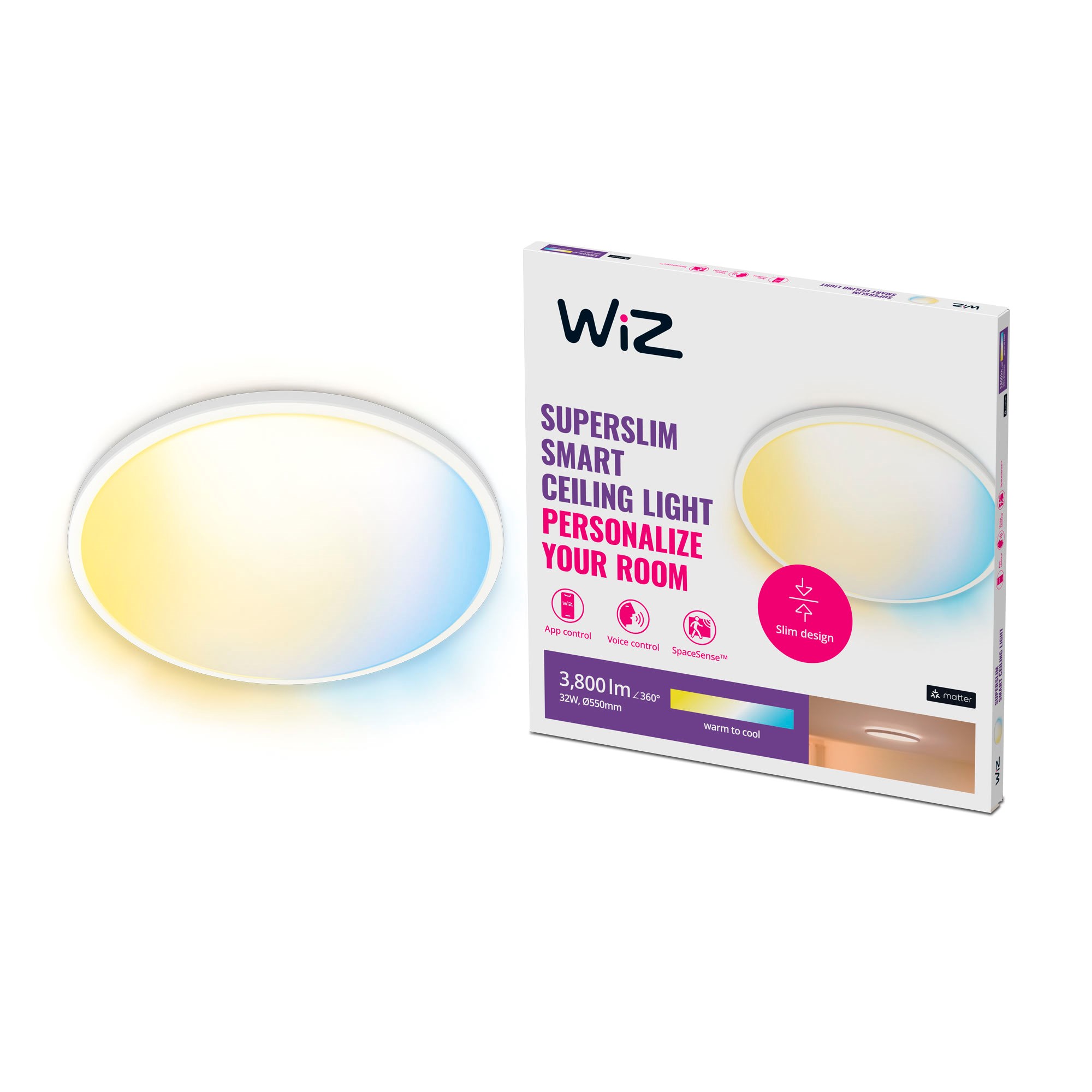 Wiz Superslim Smart Ceiling Light White 32w Tunable White & Dimmable - Smart Home 929003226901