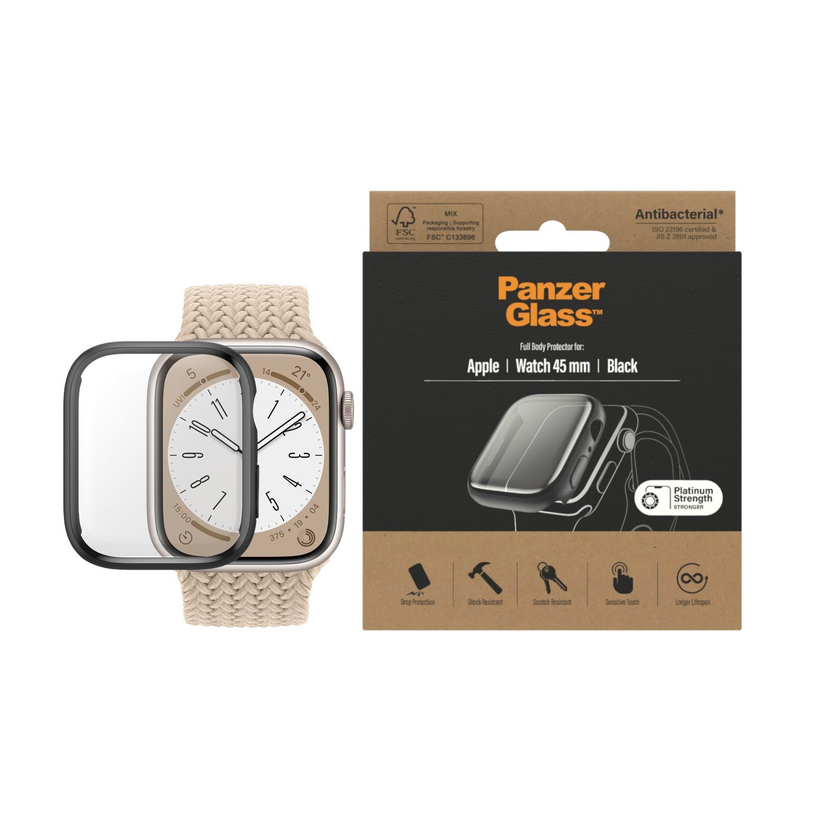 Panzerglass Screen Protection Full Body Apple Watch Series 9 | 8 | 7 | 45mm | Black - Smartwatch Accessories
