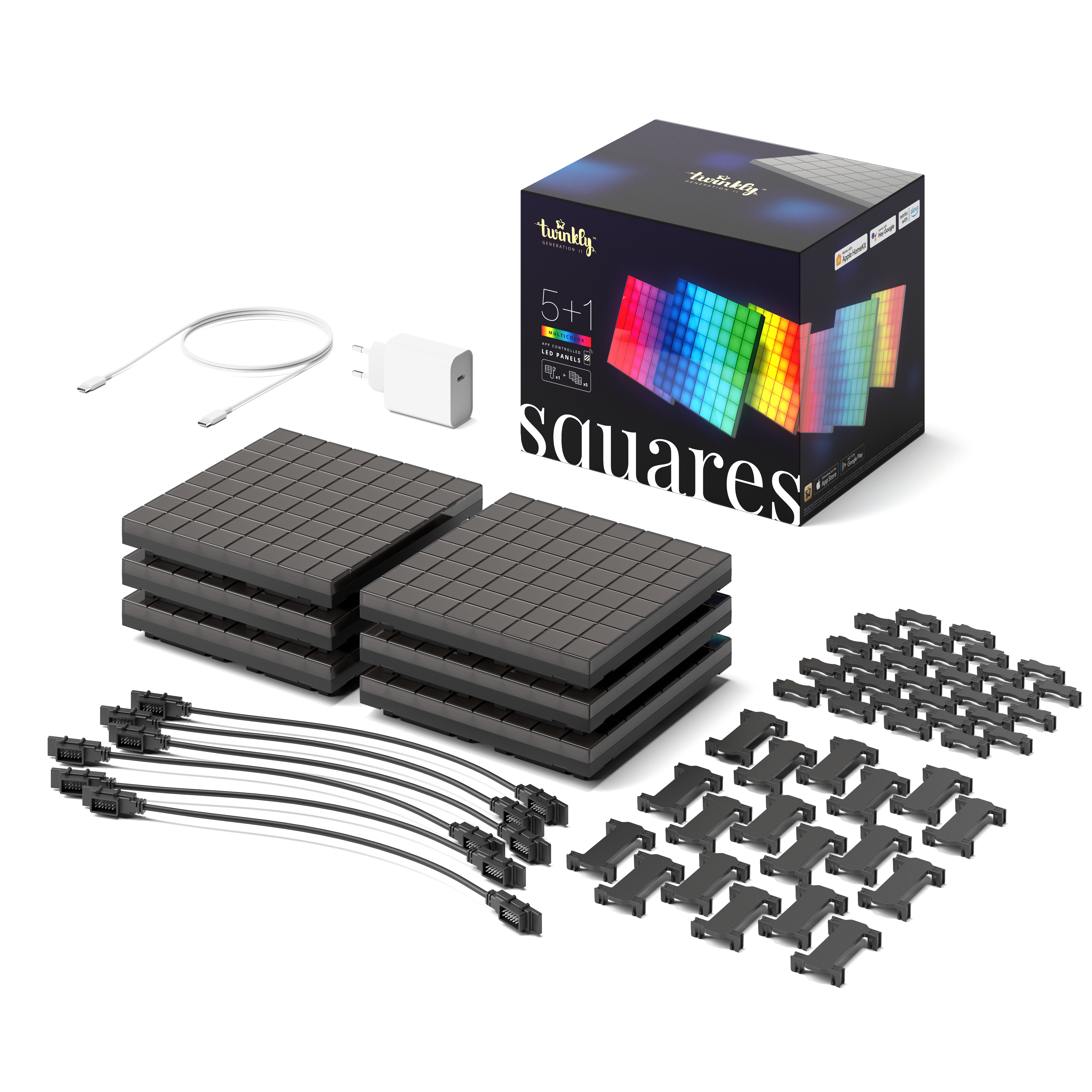 Twinkly Squares Starter Kit - 5+1 App-controlled Led Panels With 64 Rgb Pixels. Black. - Smart Home