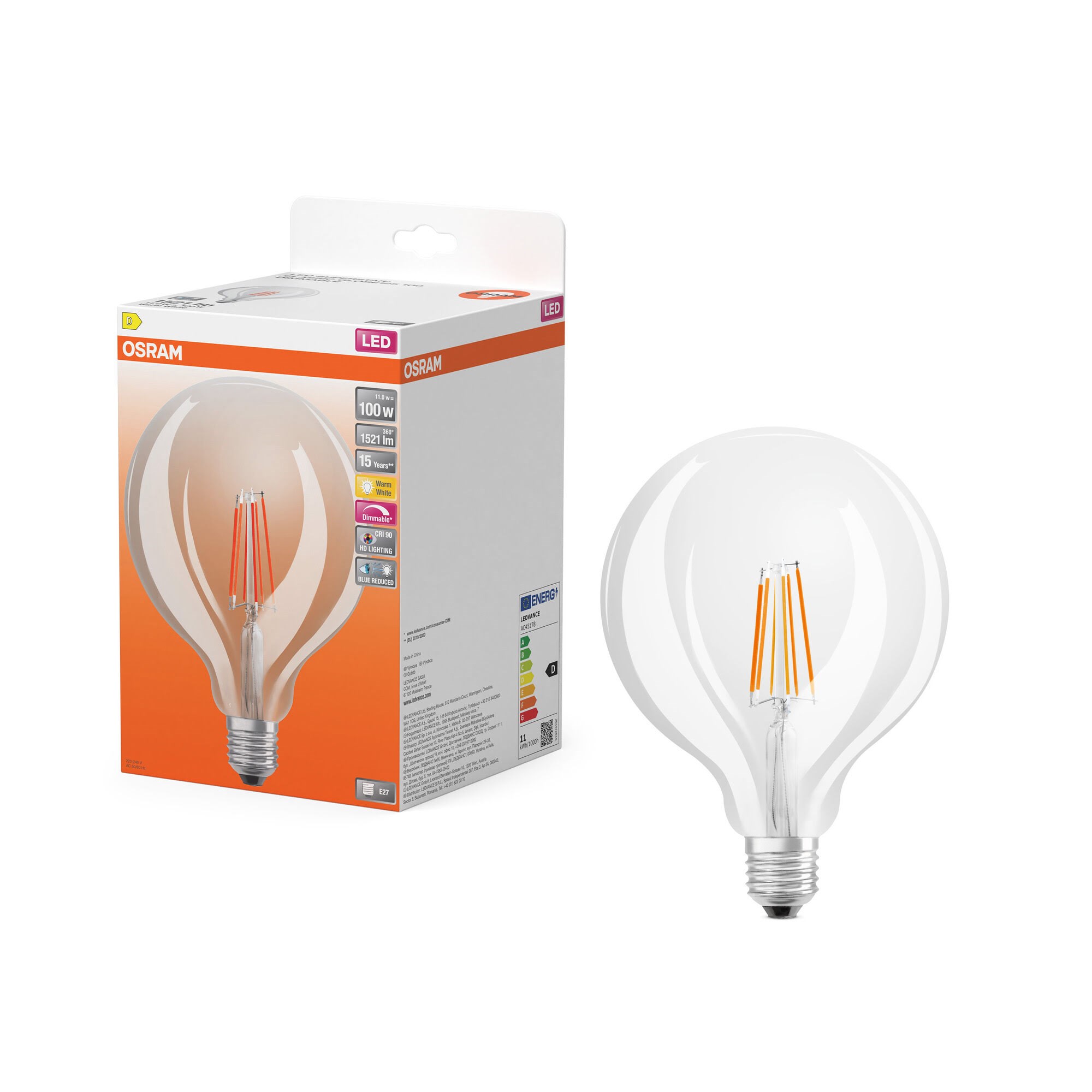 Osram Led-lampe Led Comfort Globe125 Filament 1521lm 11w/927 (100w) E27 Dimmable E27 - Led Birnen