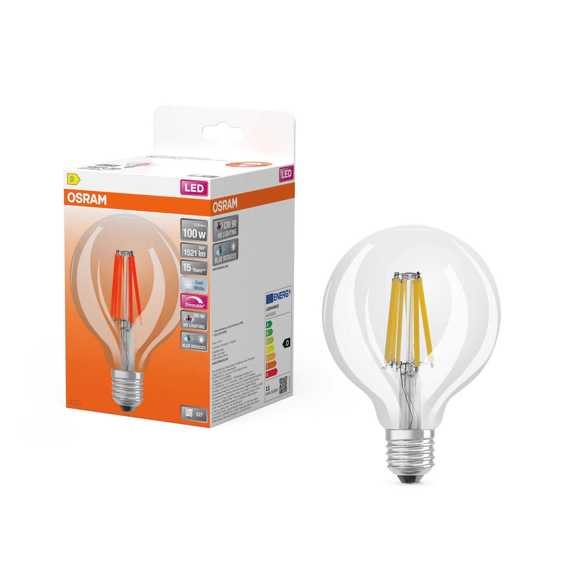Osram Led-lampe Led Comfort Globe95 Filament 1521lm 11w/940 (100w) E27 Dimmable E27 - Led Birnen 4058075602977