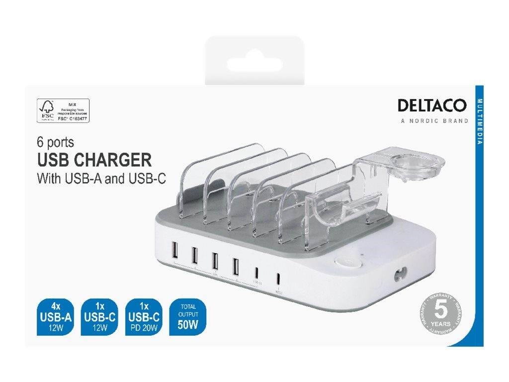 Deltaco Dps-0203 Charging Station - 4 x Usb 2 x Usb-c - 50 Watt - Tablets Adapter Ladegeraete