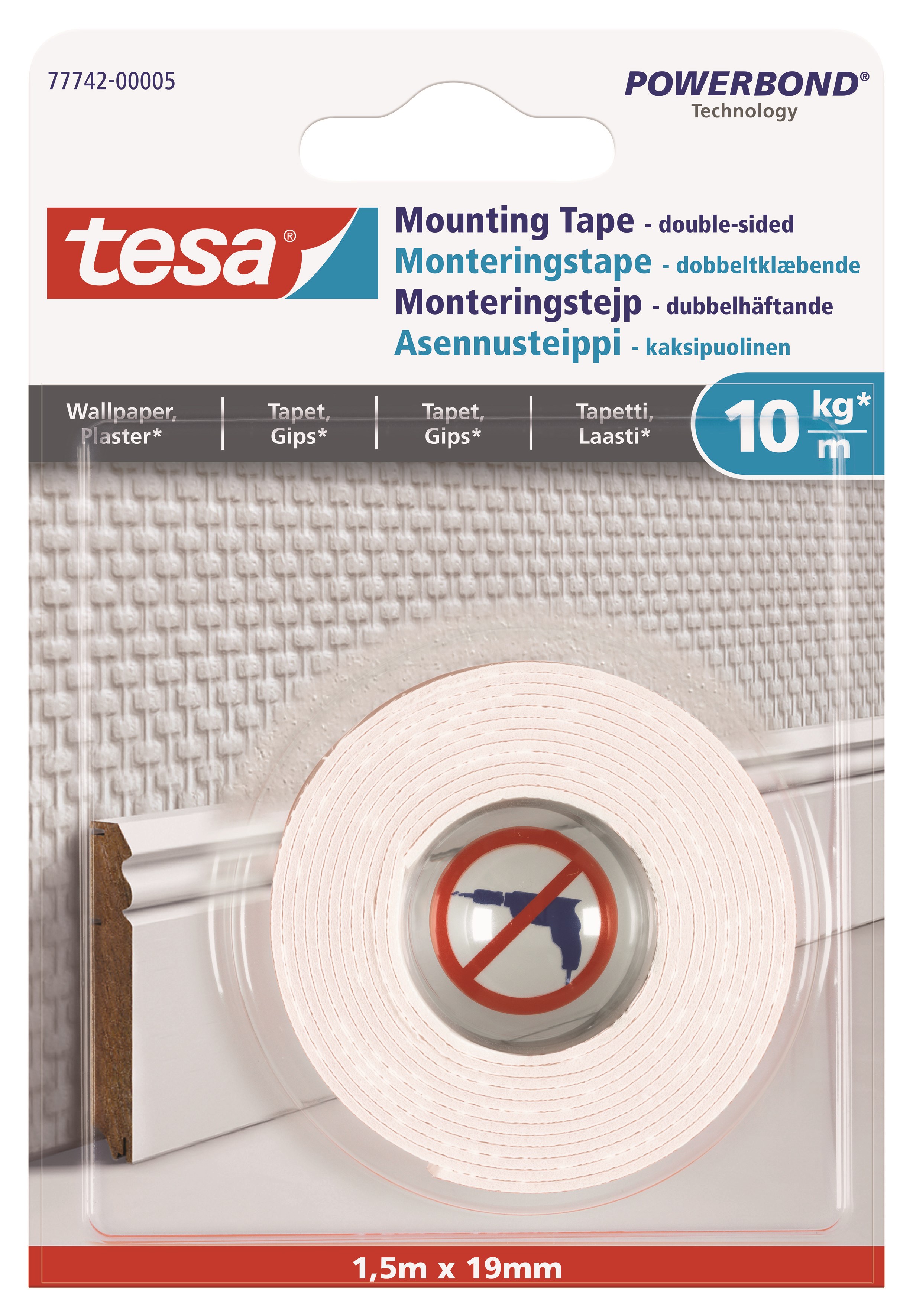 Tesa Powerbond Mounting Tape Wallpaper 1.5m x 19mm - Klebeband Und Kleber
