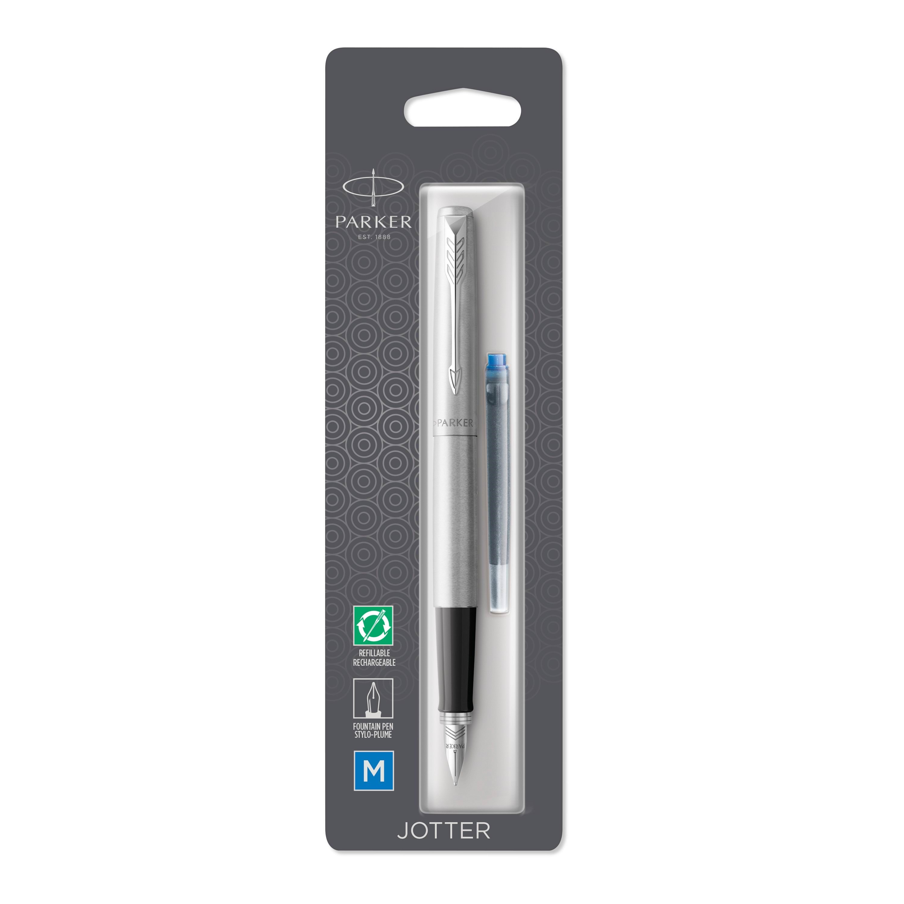Parker Jotter Füller | Edelstahlschaft Mit Chromzierteilen | Füllfederhalter Mit Mittlerer Feder | Blaue Tinte - Utensilien Zum Schreiben Und Zeichnen