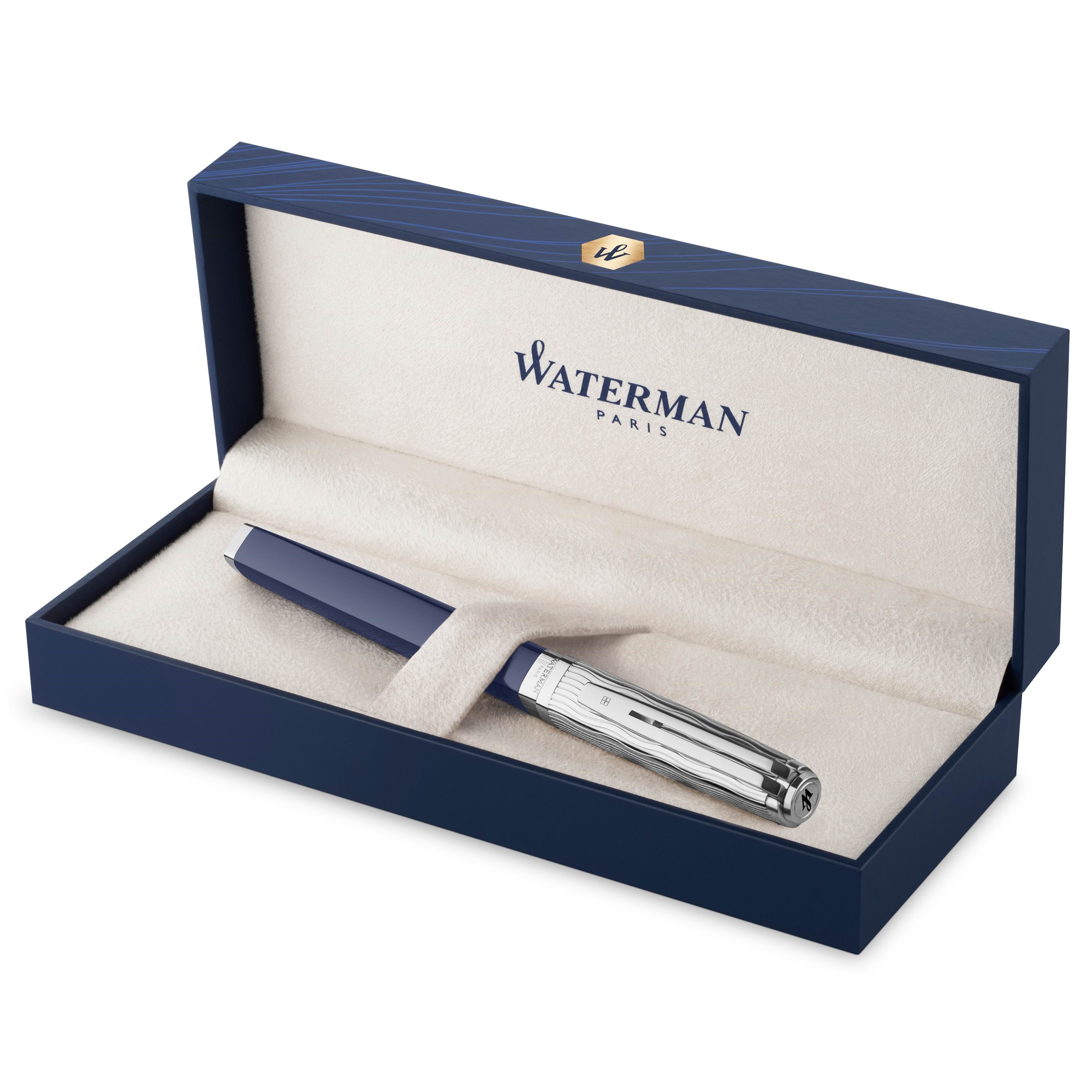 Waterman Exception Füller | Metall & Blau Lack Mit Palladium-zierteilen | Gravierte Kappe Und 18kt Gold | Füllfederhalter Mit Mittlerer Feder | 