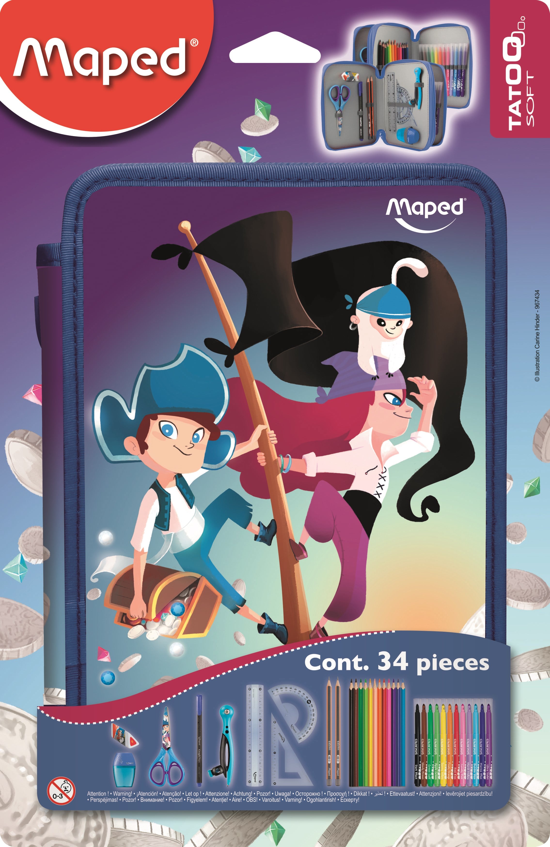 Maped Pencil Case Dobbel Pirates With Content 34 Items - Utensilien Zum Schreiben Und Zeichnen