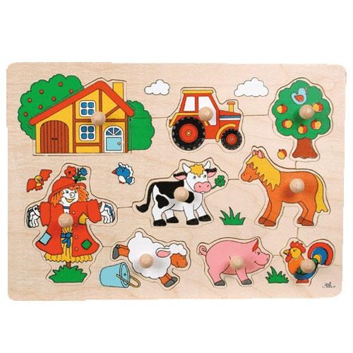 Goki Wooden Stud Puzzle Farm Retro 9pcs. Holz