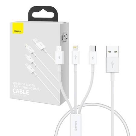 Baseus Quick Charge Usb to M+L+C Superior Data 3.5A 0.5m (White) - Usb Kabel