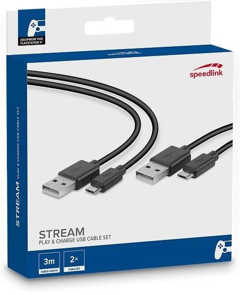 Speed-link Stream Play & Charge Usb Cable Set 3m - Wired Controller Ladekabel - Sony Playstation 4 - Gaming Zubehoer Sl-450104-bk