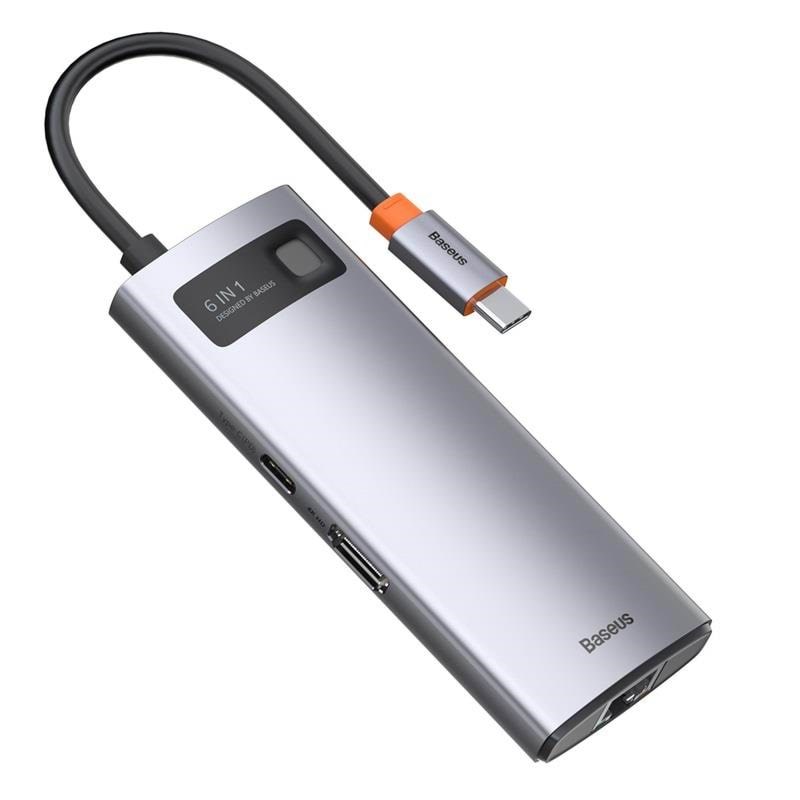 Baseus Hub 6in1 Metal Gleam Series Usb-c to 3x Usb 3.0 + Hdmi + Usb-c PD + Ethernet Rj45 Usb-hubs - Usb 3.0 - 6 - Grau - Usb Hubs