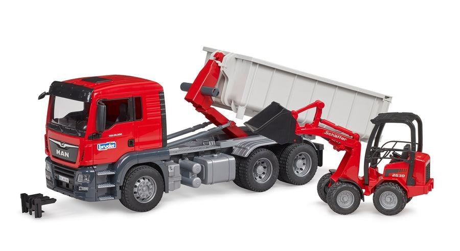 Bruder Truck w Roll-off-container & Schäffer Loader - Spielzeugauto