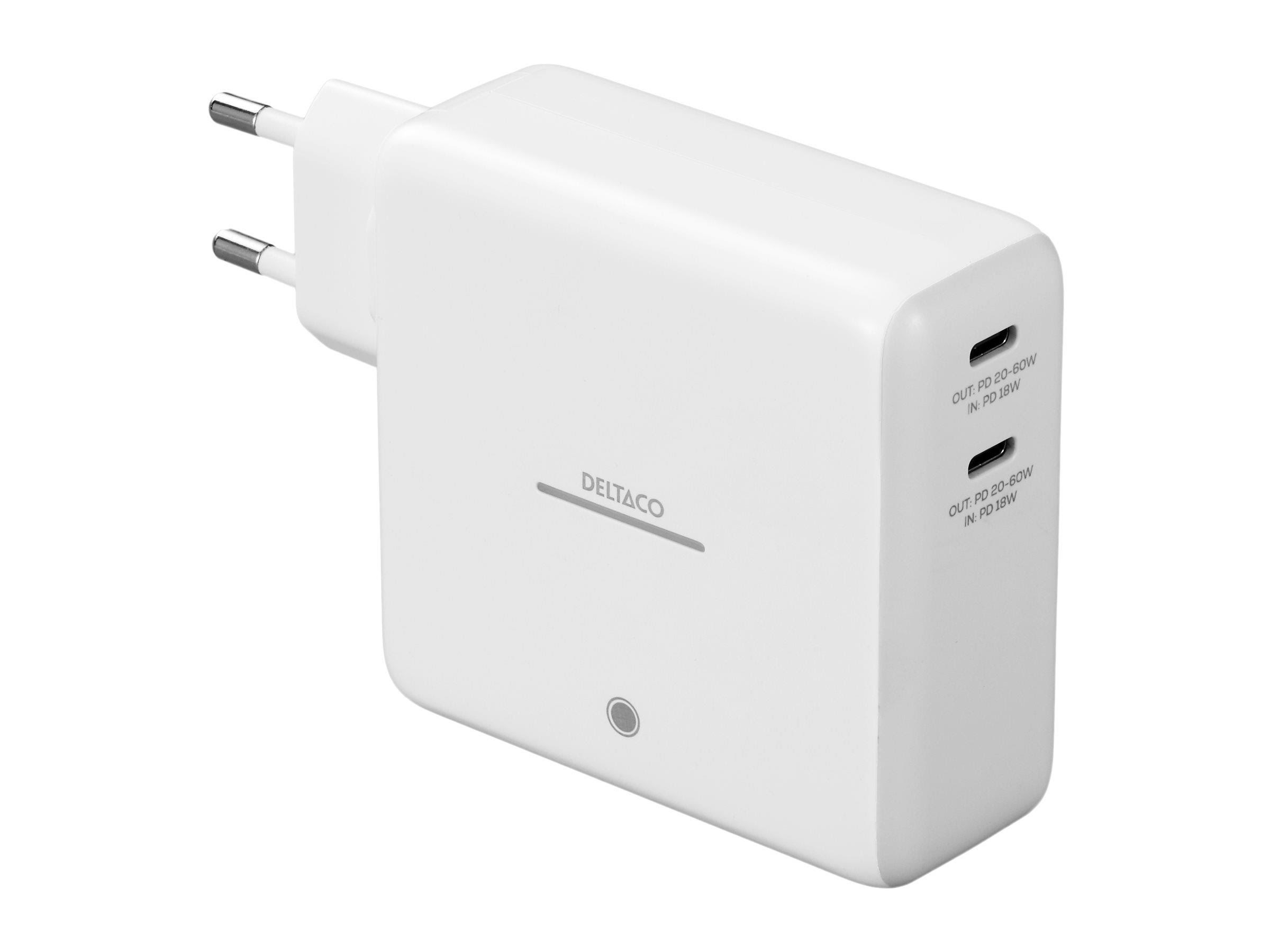 Deltaco Usb-c Gan Wall Charger 60w w/ Built-in Powerbank | 9600 Mah | 2x Usb-c | Pps | White - Handys Adapter Und Ladegeraete