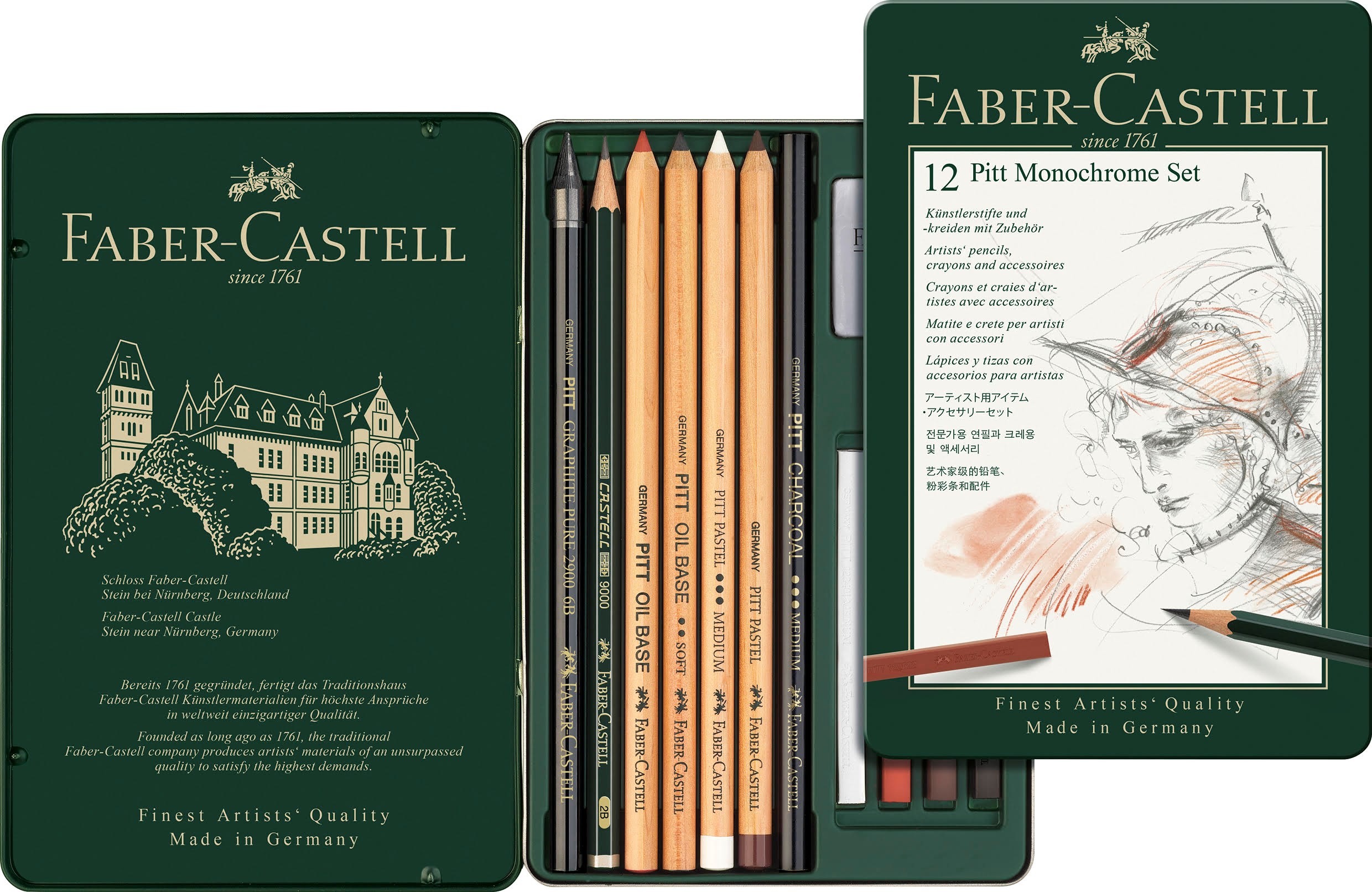 Faber-castell Set Pitt Monochrome Klein Metalletui - Utensilien Zum Schreiben Und Zeichnen Set Aus Buntstift, Wachsmalkreide Und Bleistift 112975