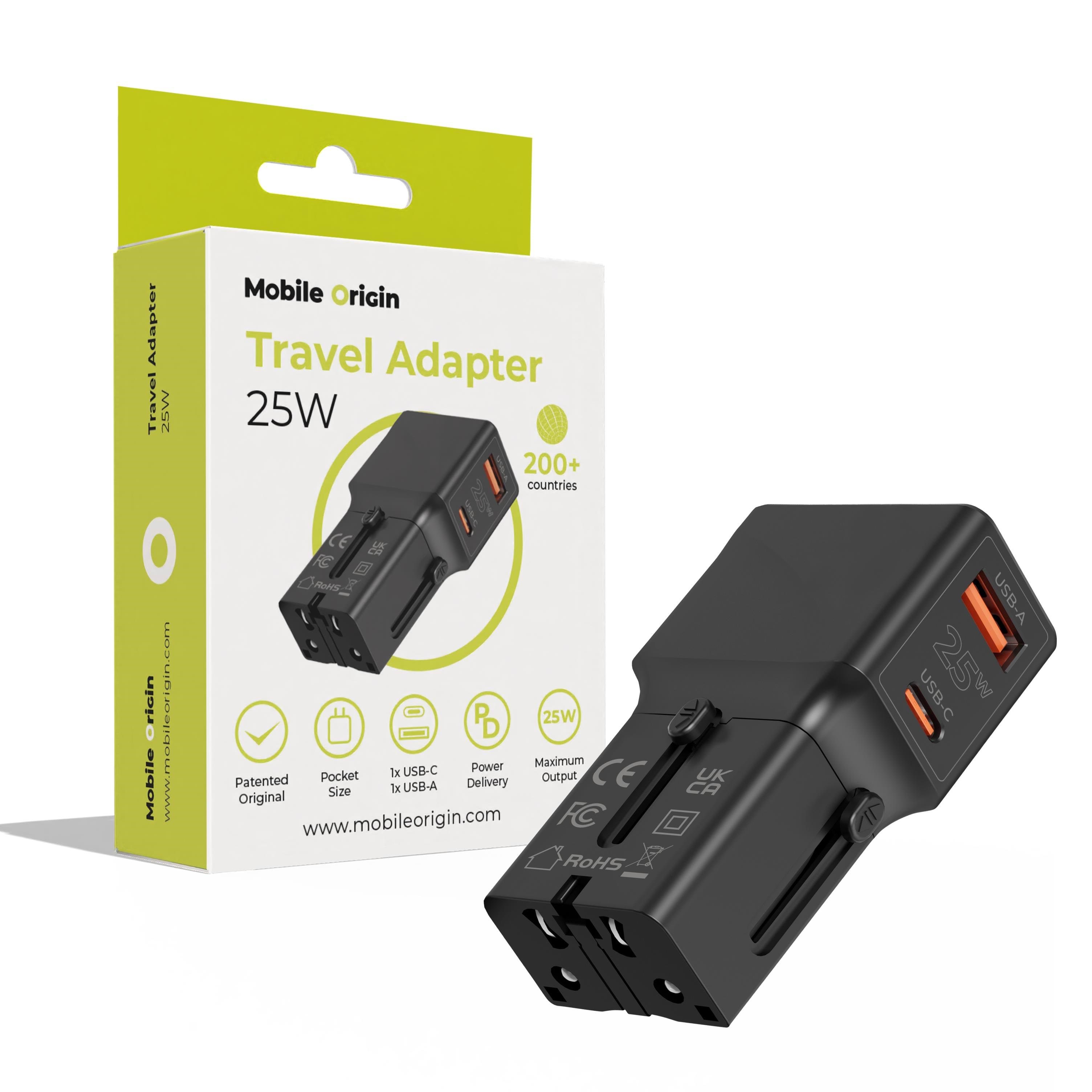 Mobile Origin Travel Adapter 25w - Eu/us/uk/au - Black - Handys Adapter Und Ladegeraete Tad25-2p-blk