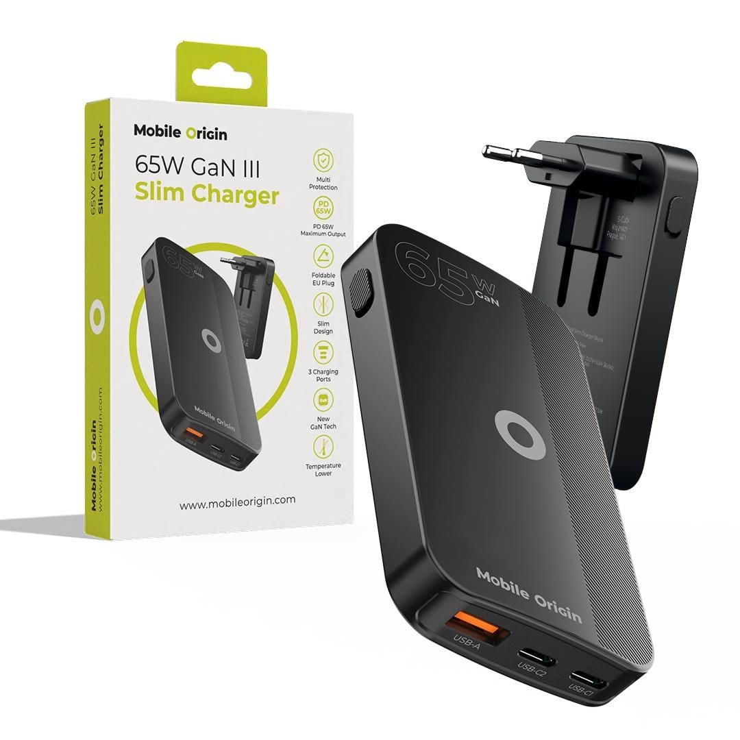 Mobile Origin 65w Gan Iii Slim Charger Dual Usb-c - Single Usb-a Black - Handys Adapter Und Ladegeraete Gan-65w-slm-blk