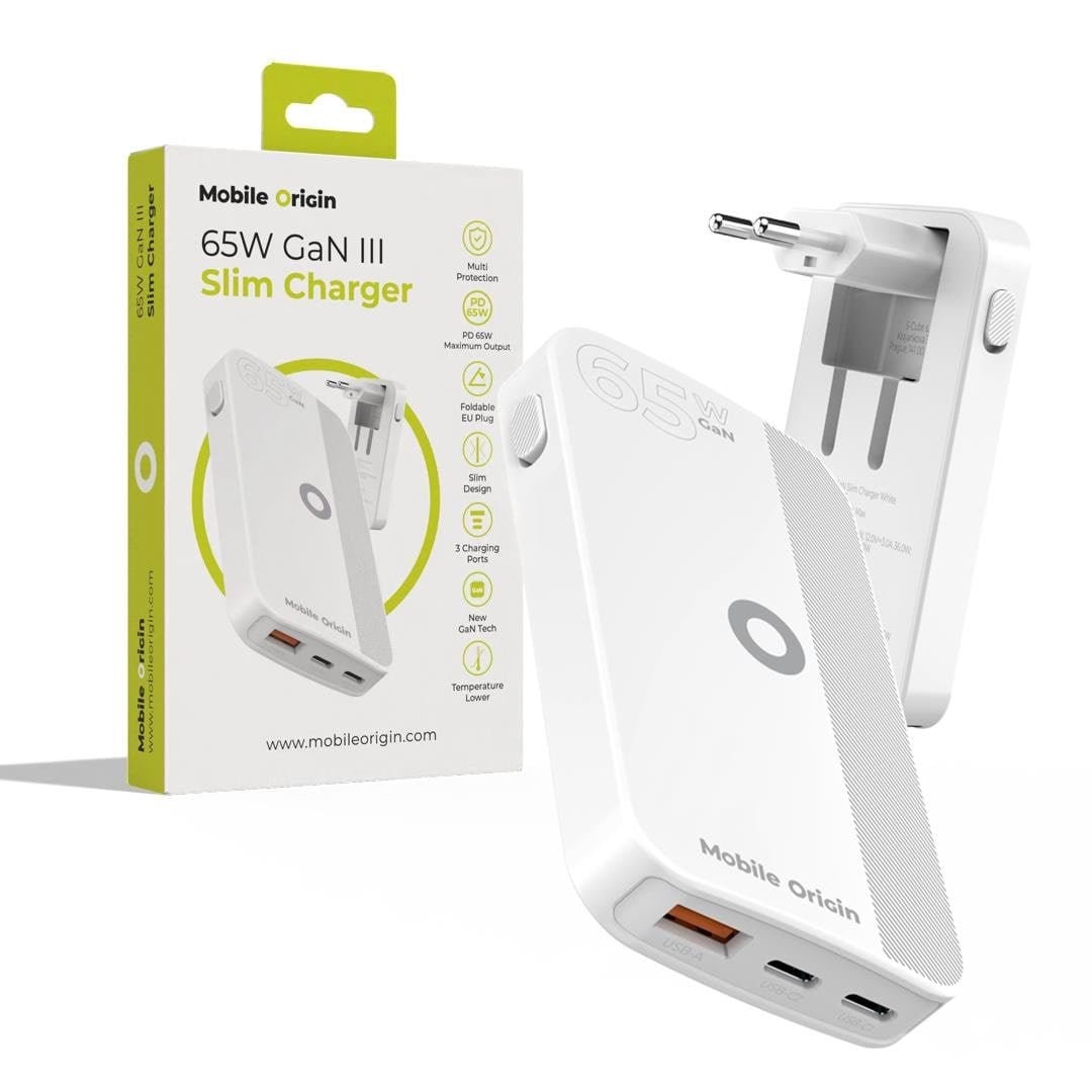 Mobile Origin 65w Gan Iii Slim Charger Dual Usb-c - Single Usb-a White - Handys Adapter Und Ladegeraete