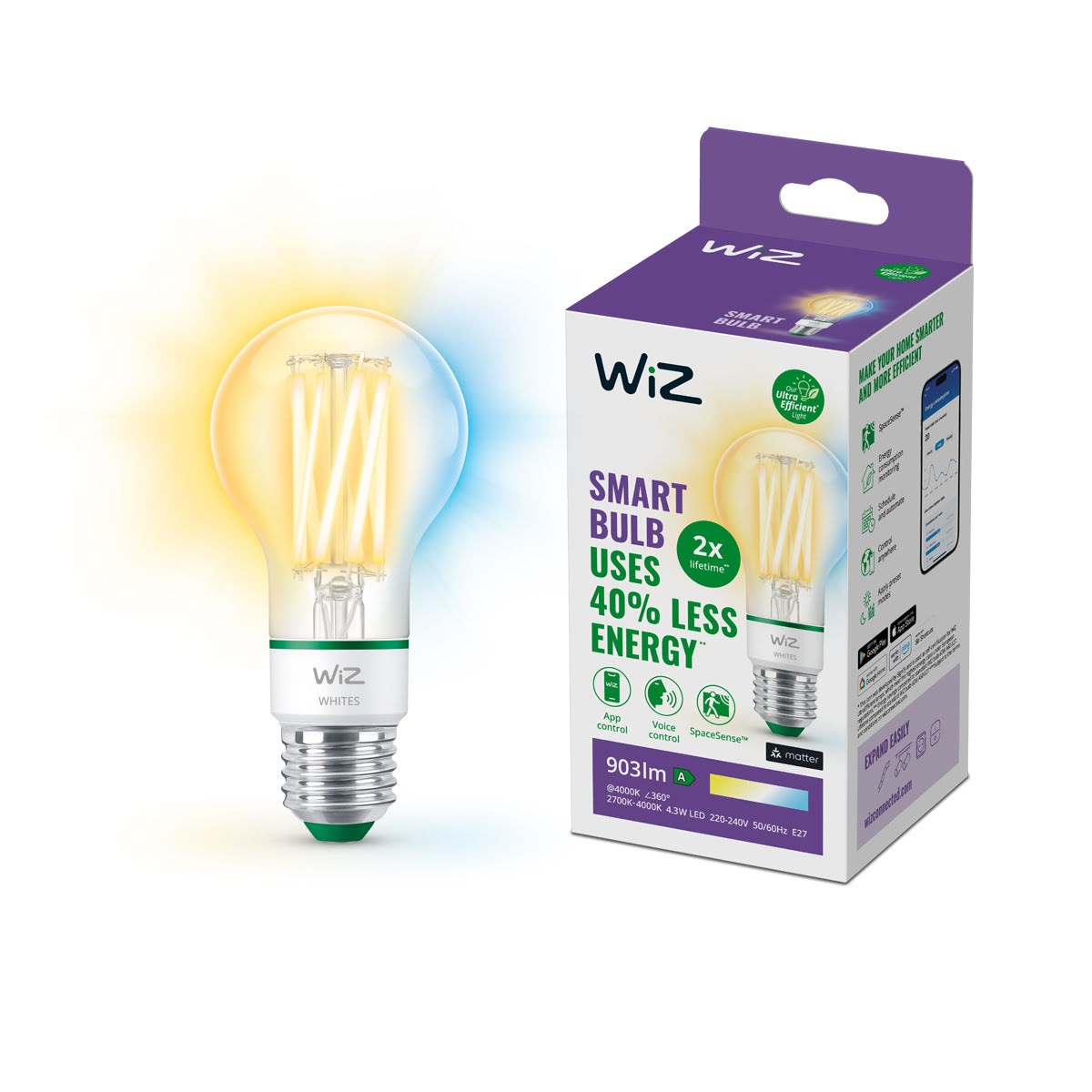 Wiz Tunable Ultraefficient A60 E27 Smart Filament Bulb - Dimmable Warm White Led - Smart Home 929003714001