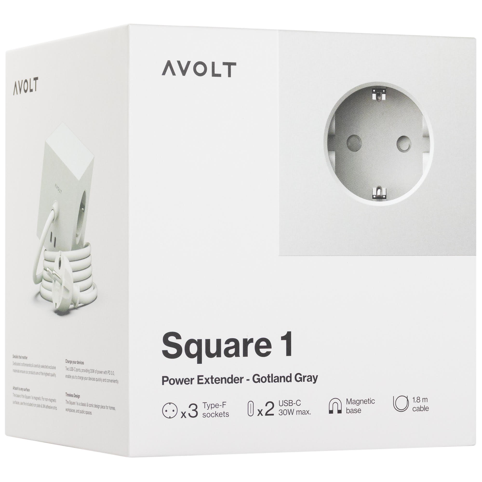 Avolt Square 1 With 30w Dual Usbc & Magnetic Base 1.8m Gotland Gray - Schaltereinheiten