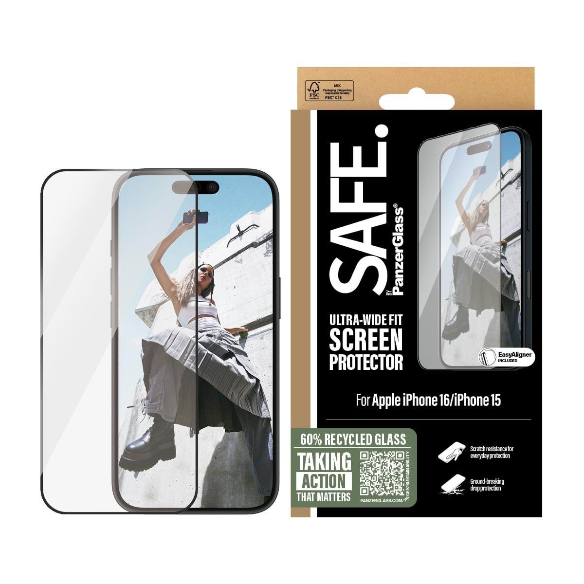 Safe by Panzerglass Screen Protection w. Black Frame Iphone 16 | 15 | Ultra-wide Fit - Handys Schutzfolie Safe95961