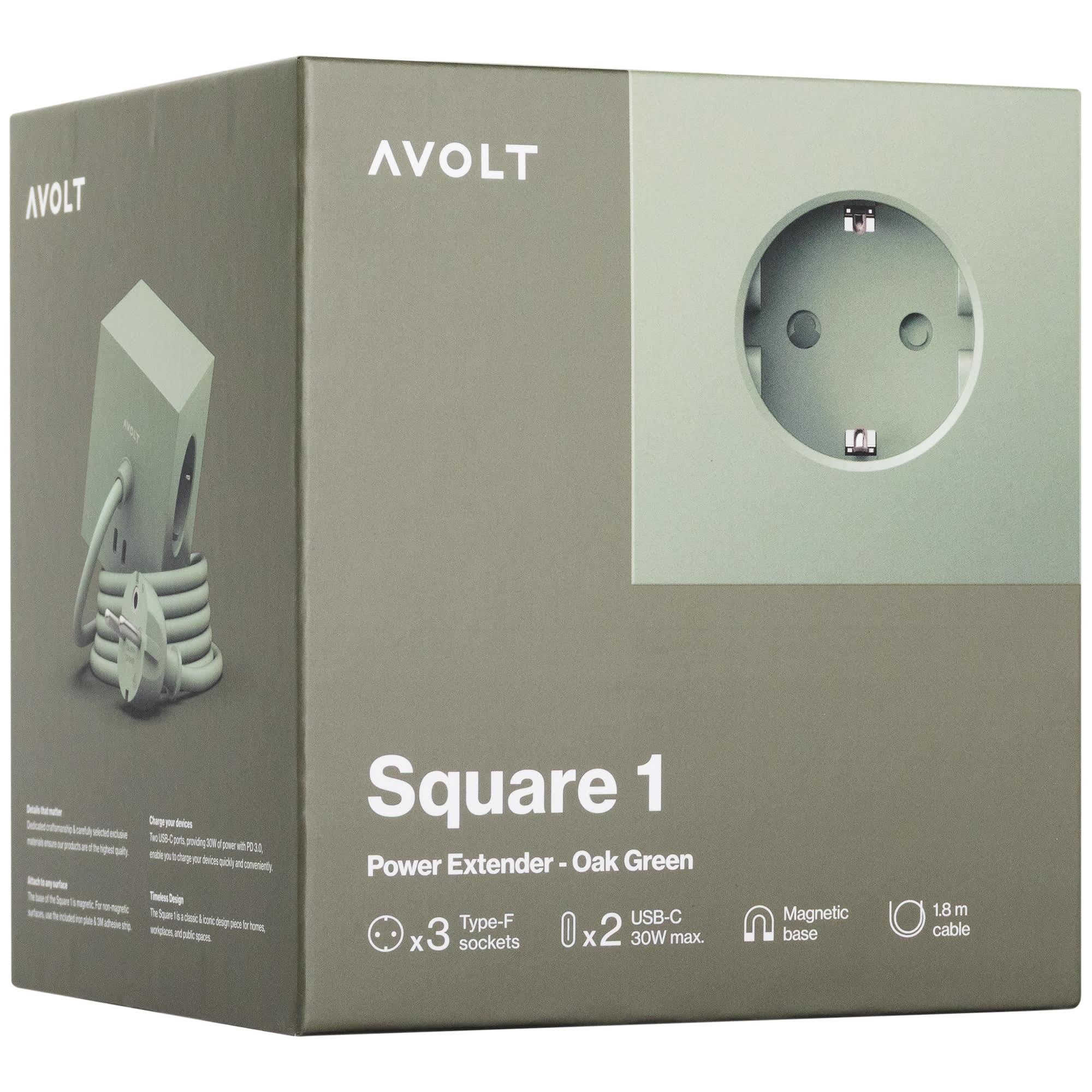 Avolt Square 1 With 30w Dual Usbc & Magnetic Base 1.8m Oak Green - Schaltereinheiten Sq1-eufc20-18og