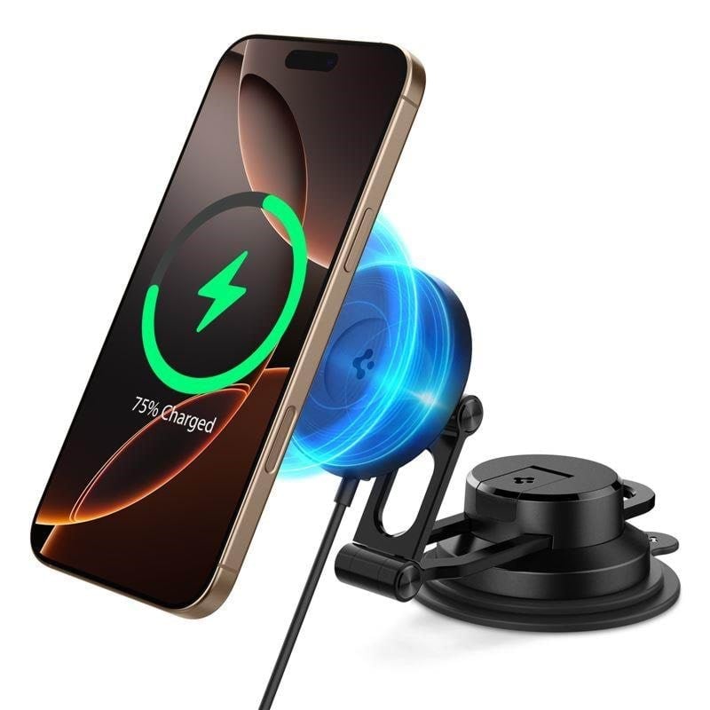 Spigen Onetap Pro 4 Magsafe Car Mount Charger - Black - Wireless / Dashboard / Windshield - Handys Adapter Und Ladegeraete