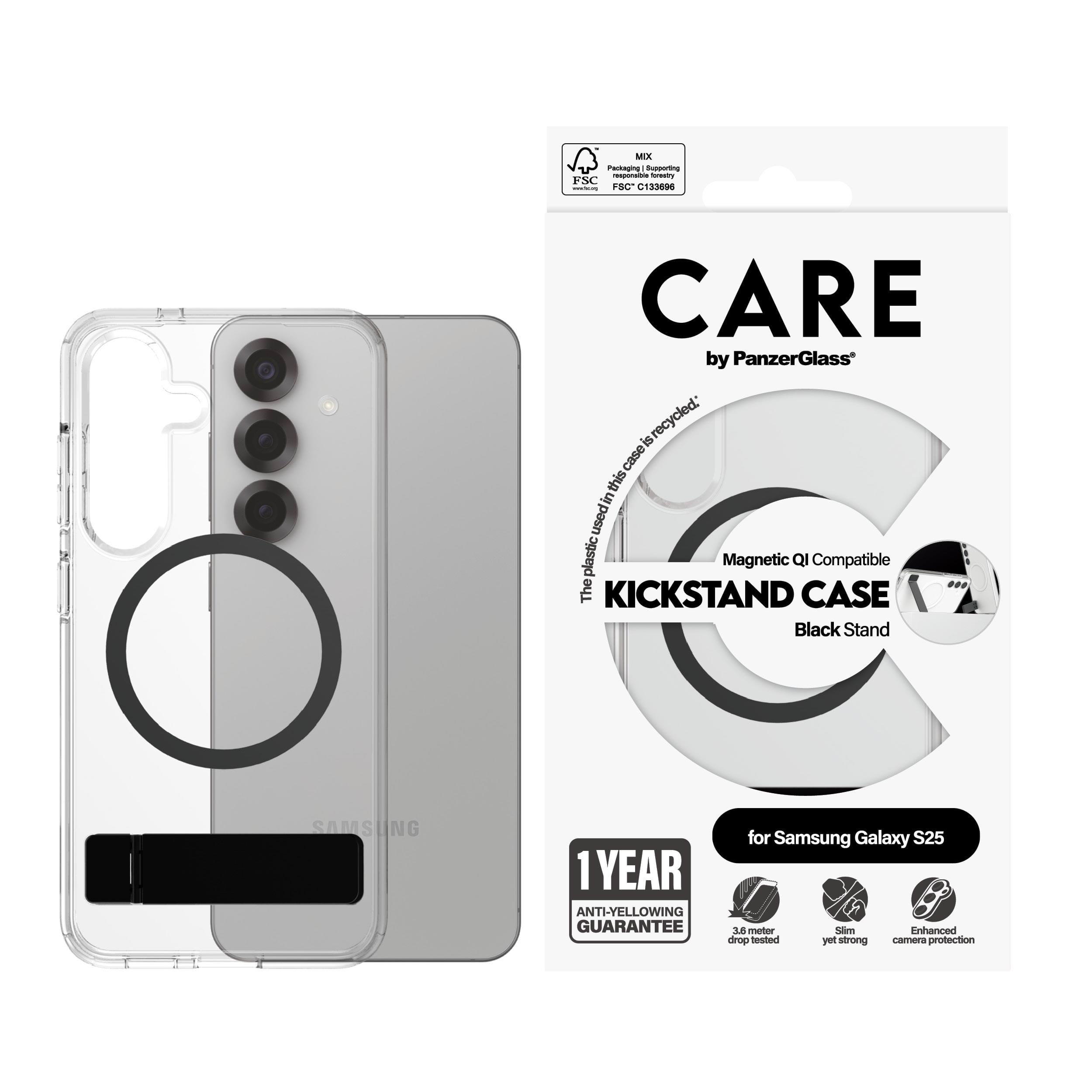 Care by Panzerglass Feature Case Transparent w. Black Kickstand & QI Compatible Samsung Galaxy S25 - Handys Cover Cases