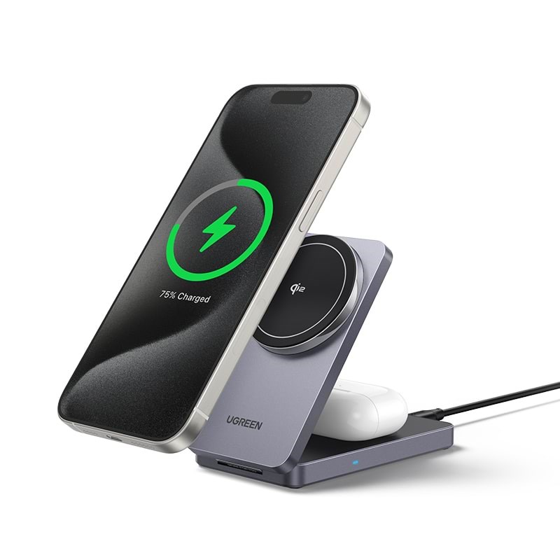 Ugreen Qi2 15w 2-in-1 Wireless Charger Magsafe Fast Charging Station Grey - Handys Adapter Und Ladegeraete 45023-ug