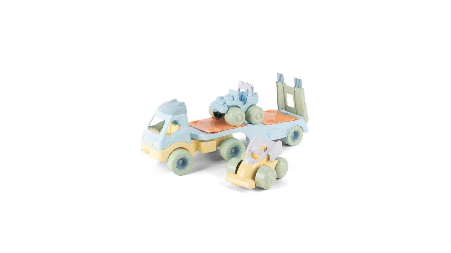 Dantoy Pastel Recycled - Truck With 2 Cars And Plastic Wheels - Spielzeugauto