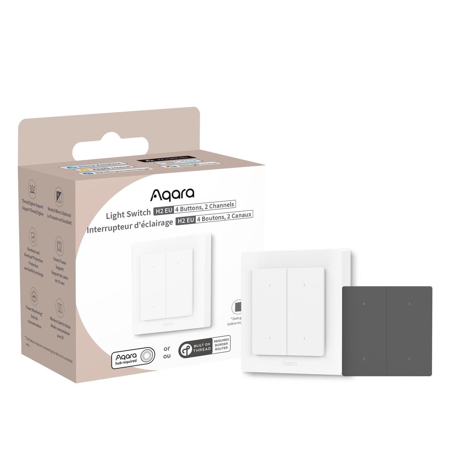 Aqara Light Switch H2 EU (4 Buttons 2 Channels) - White Frame With Dark Grey Buttons - Smart Home Ws-k08d