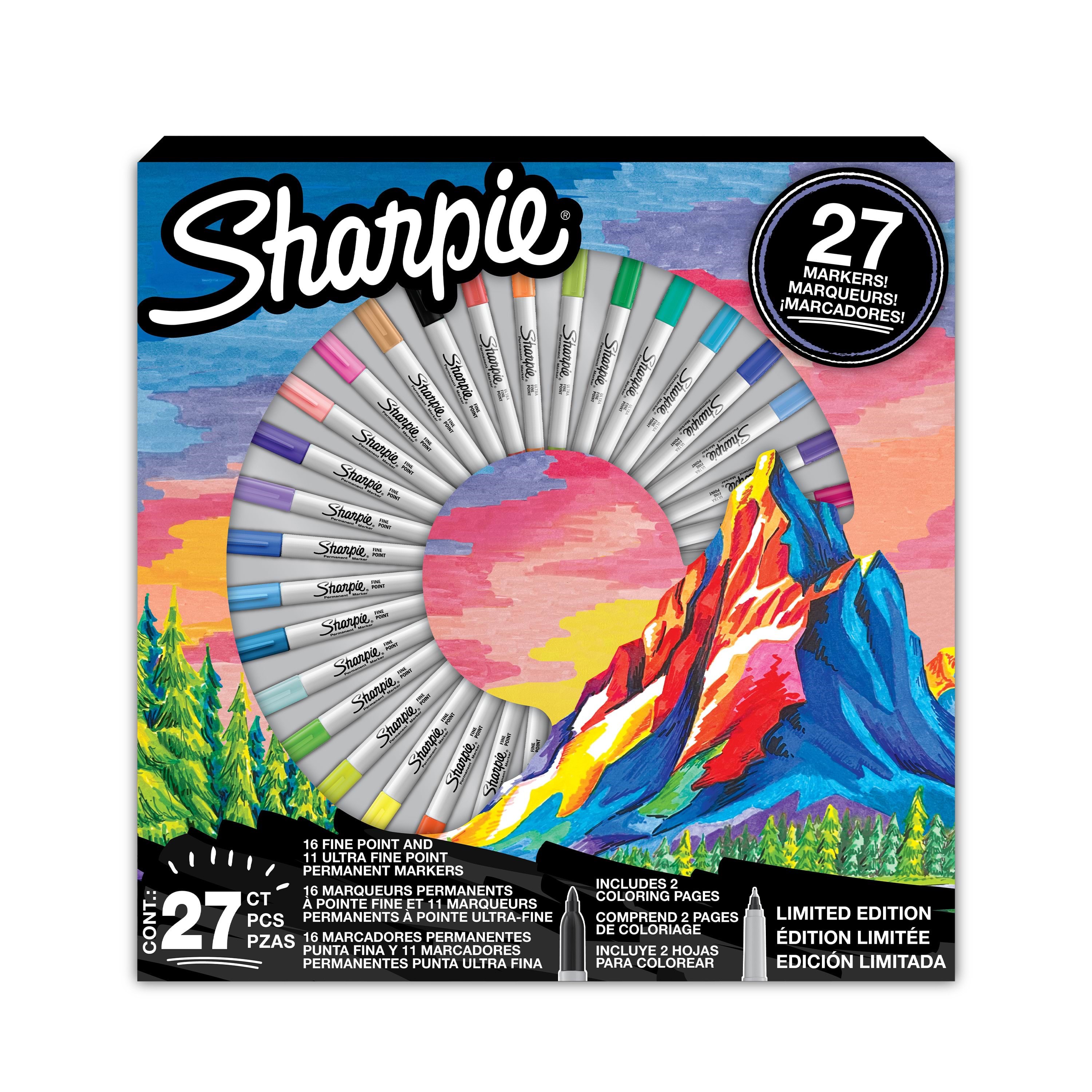 Sharpie Permanent Markers Pen Gift Set | Fine Point & Ultra Fine Point Colouring Pens | Assorted Colours | Includes 2 Colouring Pages | 27 Marker Pens