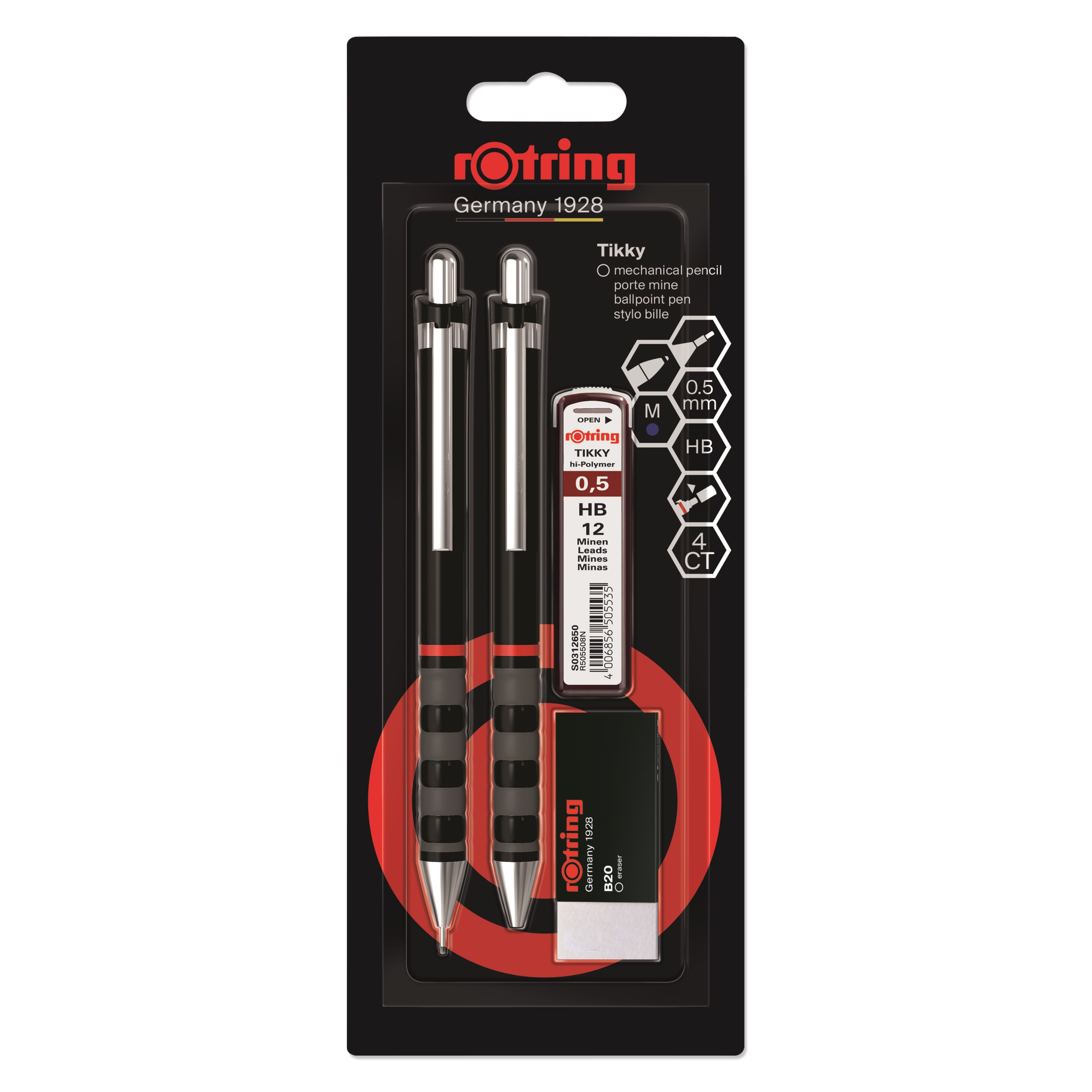 Rotring Tikky Mechanical Pencil Ballpoint Eraser & Lead Refills Set | HB Lead 0.5 mm Pencil | Medium Point Pen | Black Barrel - Utensilien Zum 