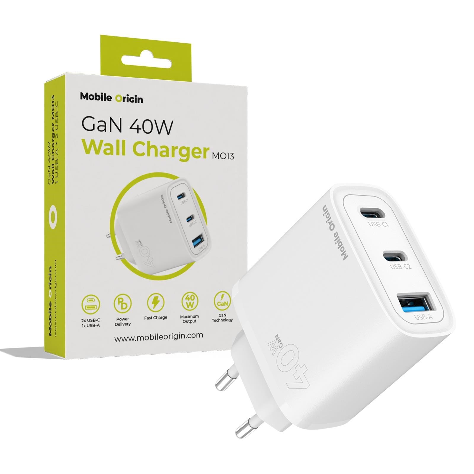 Mobile Origin Gan 40w Wall Charger Mo13 - White 1 Usb-a + 2 Usb-c - Handys Adapter Und Ladegeraete Frl-gan40w-mo13