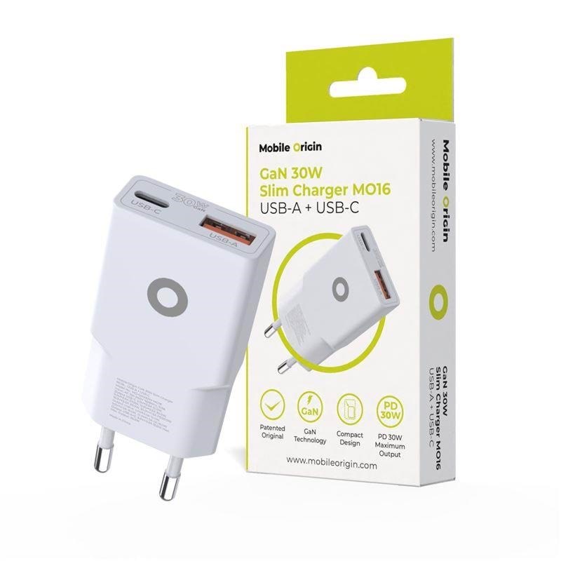 Mobile Origin Gan 30w Slim Charger Tüv Mo16 - Usb-a + Usb-c - Handys Adapter Und Ladegeraete