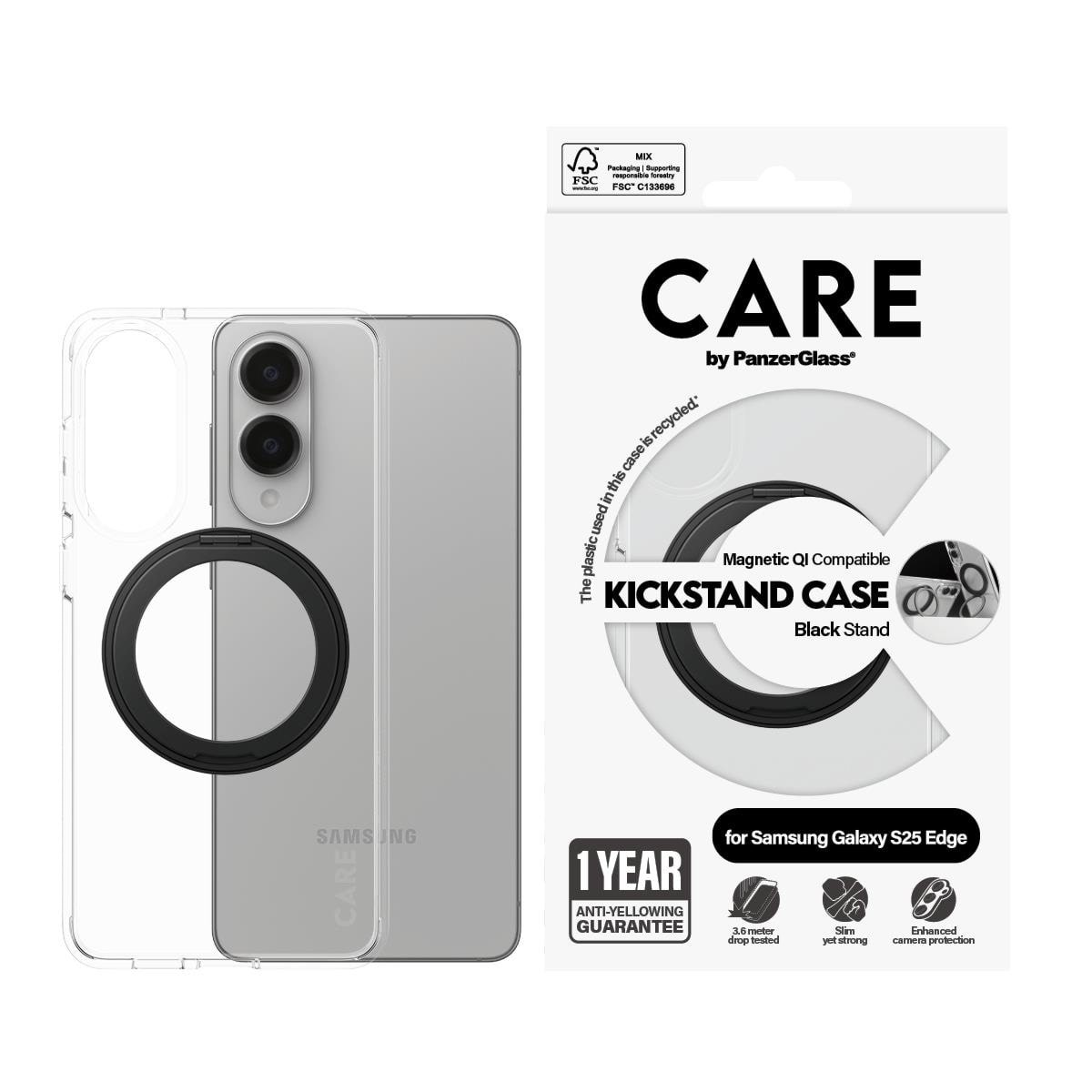 Care by Panzerglass Feature Case Transparent w. Black Kickstand & Qi Compatible Samsung S25 Edge - Handys Cover Cases