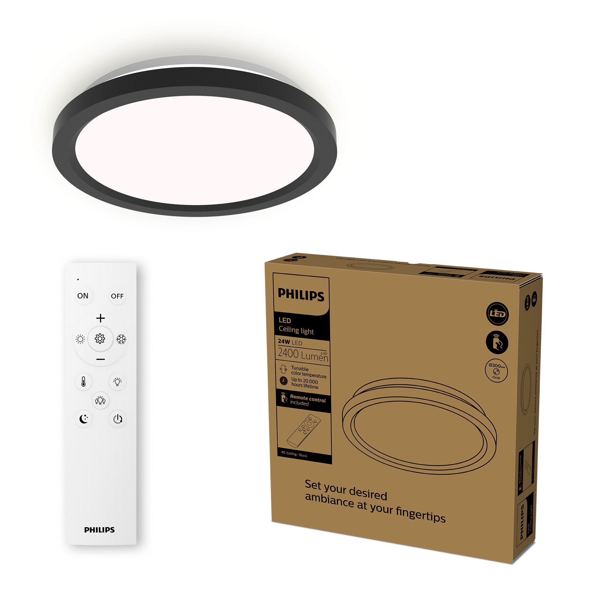 Philips Aio Ceiling Light With Remote (Round Black) - 24w Integrated Led Lamp With 3 Step Dimming - Lampen