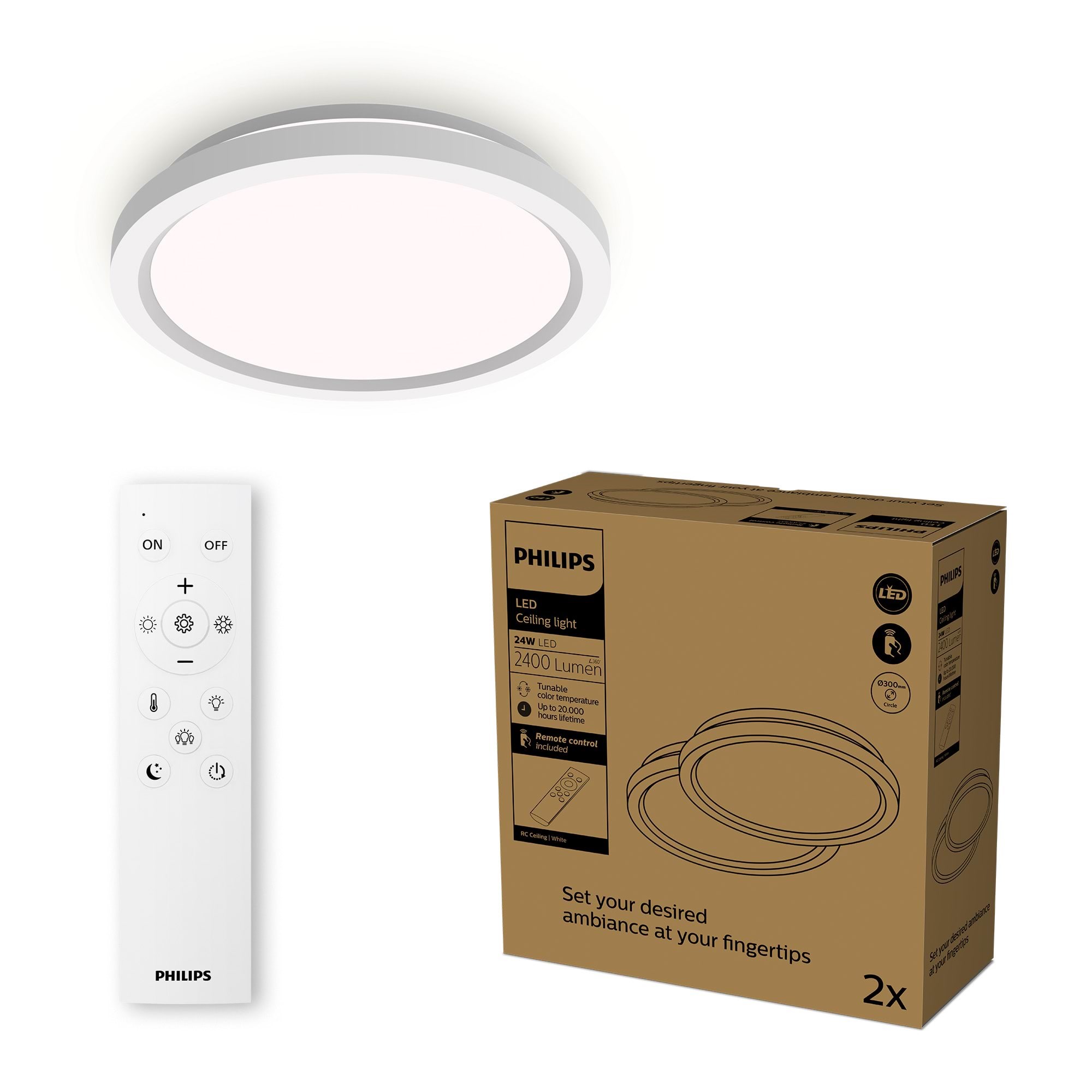 Philips Aio Ceiling Light With Remote (Round White) - 24w Integrated Led Lamp With 3 Step Dimming 2-pack - Lampen