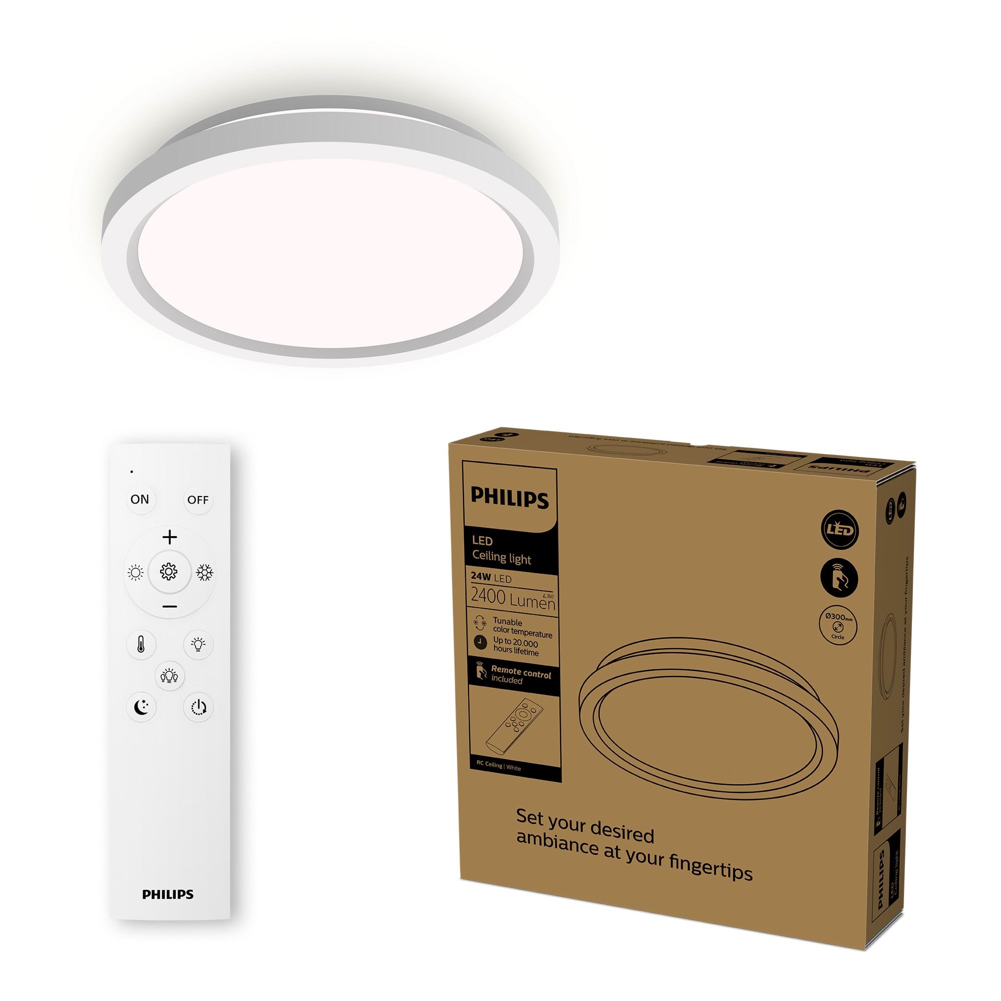 Philips Aio Ceiling Light With Remote (Round White) - 24w Integrated Led Lamp With 3 Step Dimming - Lampen 929004689001