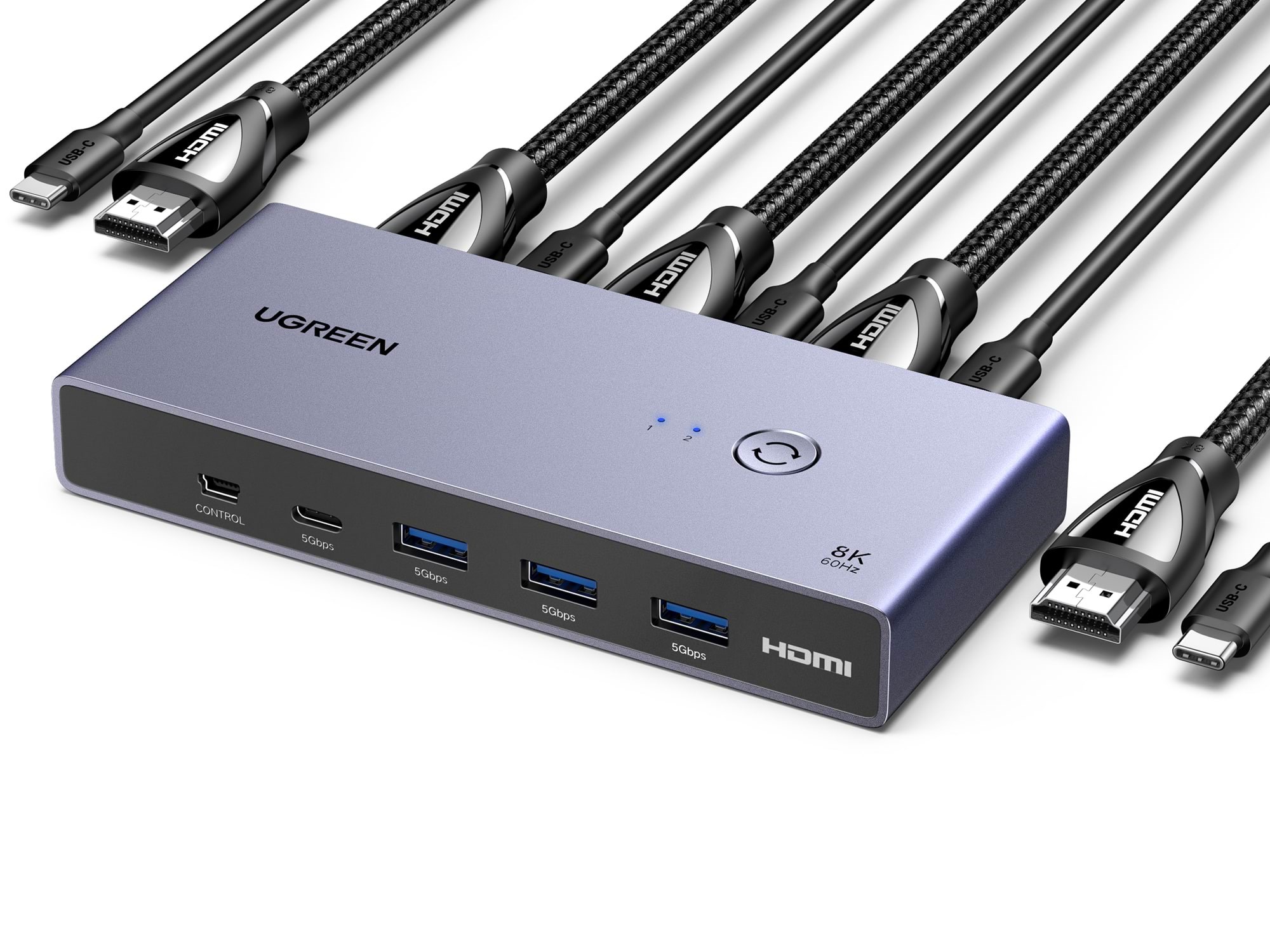 Ugreen 8K Hdmi Kvm Switch 4 Usb 3.0 Ports (3 Usb-a + 1 Usb-c) 2 Hdmi Cables 2 Usb Cables And Controller - Kvm Switches 25961-ug