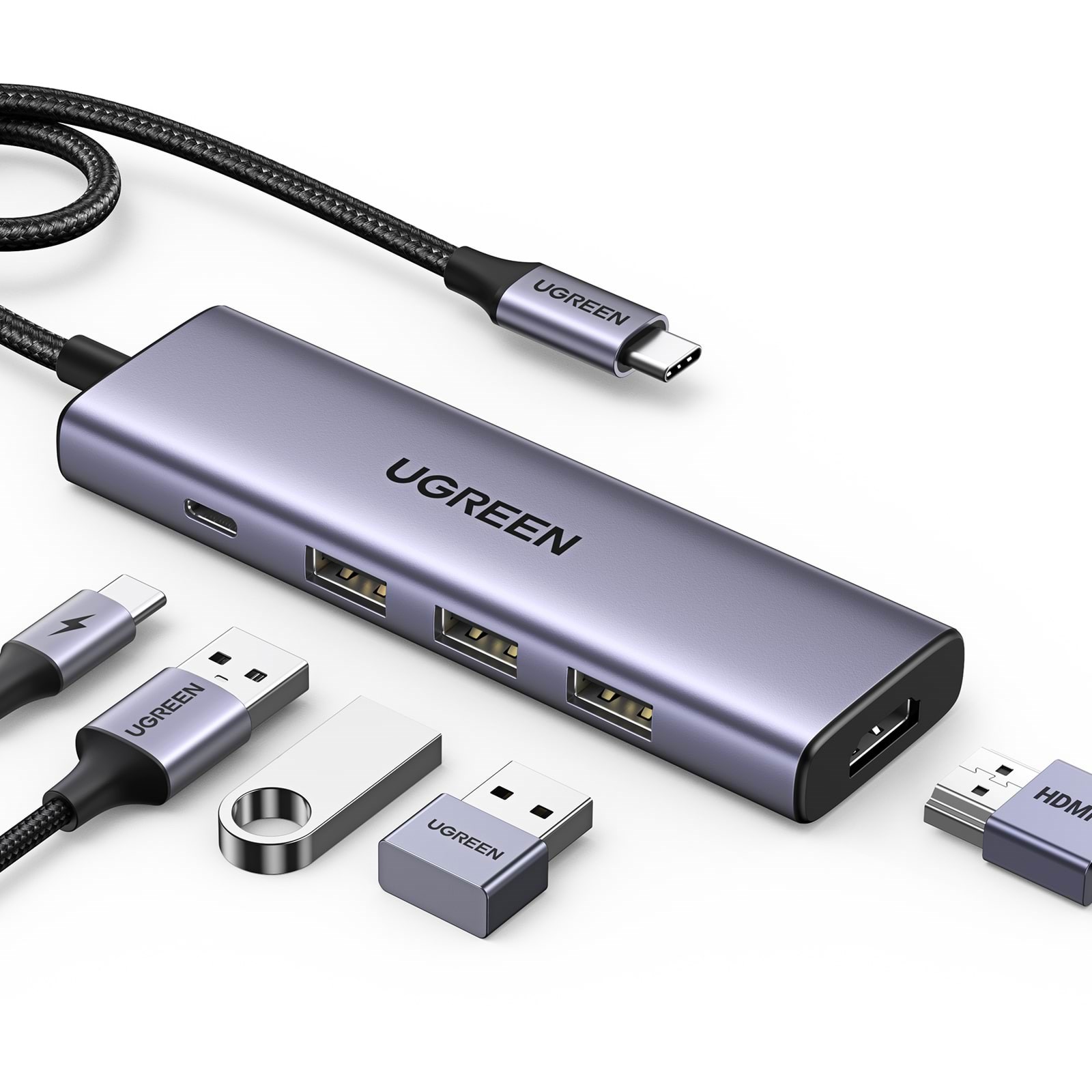 Ugreen 5-in-1 Usb-c to 3*Usb.3.0+Hdmi Hub With Usb-c Power Supply - Dockingstationen