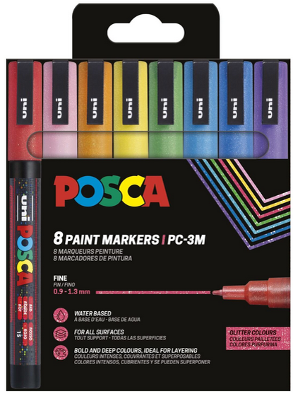 Posca Marker Sæt Pc-3m 8 Ass. Farver Glitter - Utensilien Zum Schreiben Und Zeichnen 401661