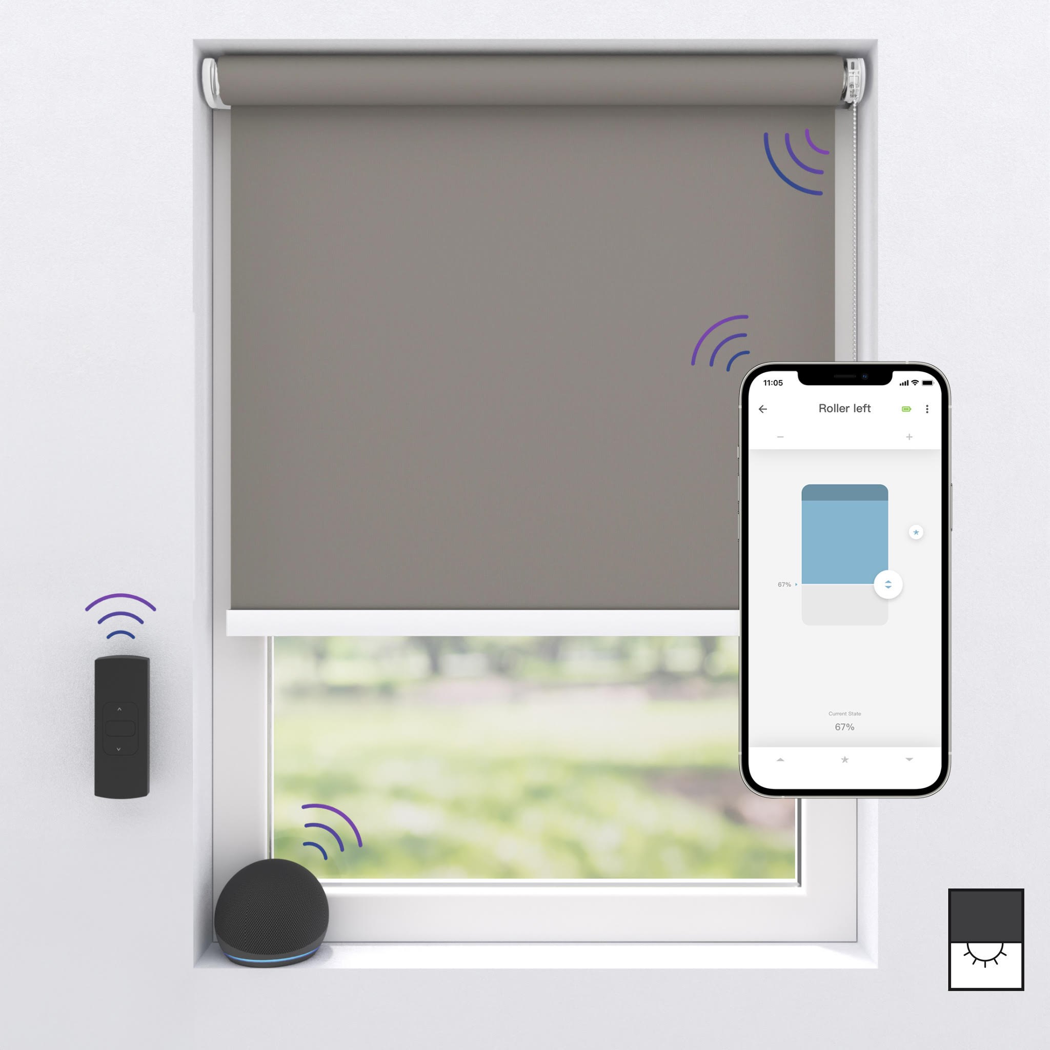 Motionblinds Wireless Electric Black-out Rollerblind 120x190cm - Grey - Smart Home
